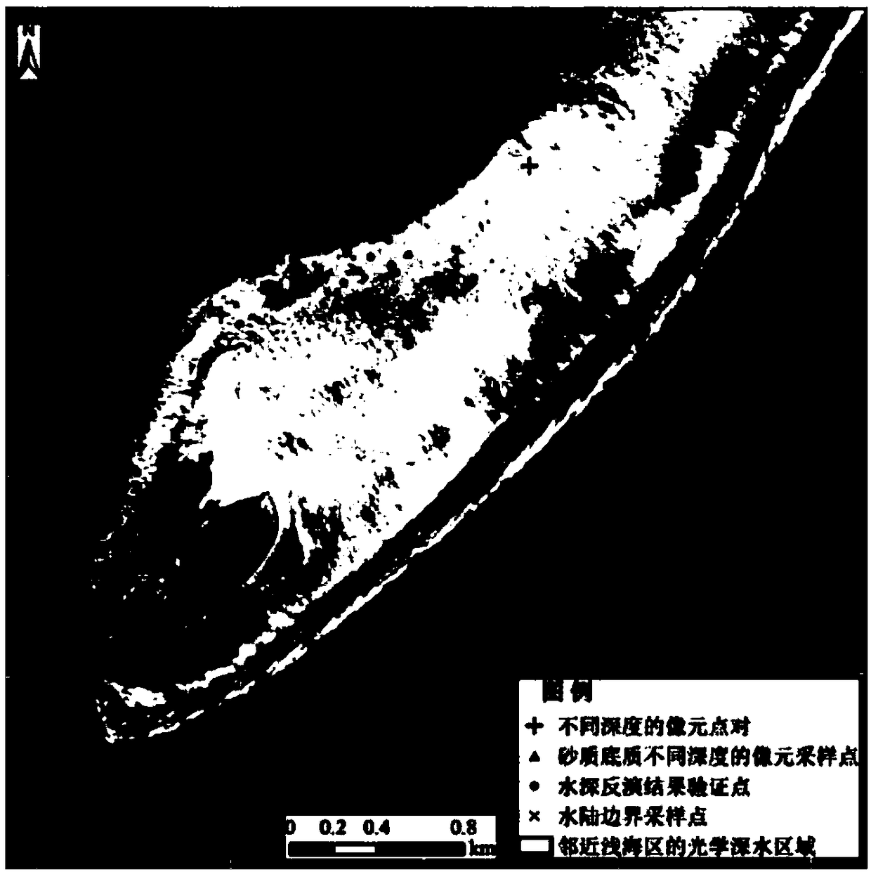 Shallow sea water depth multi-spectral satellite remote sensing inversion method in waterless depth control point area