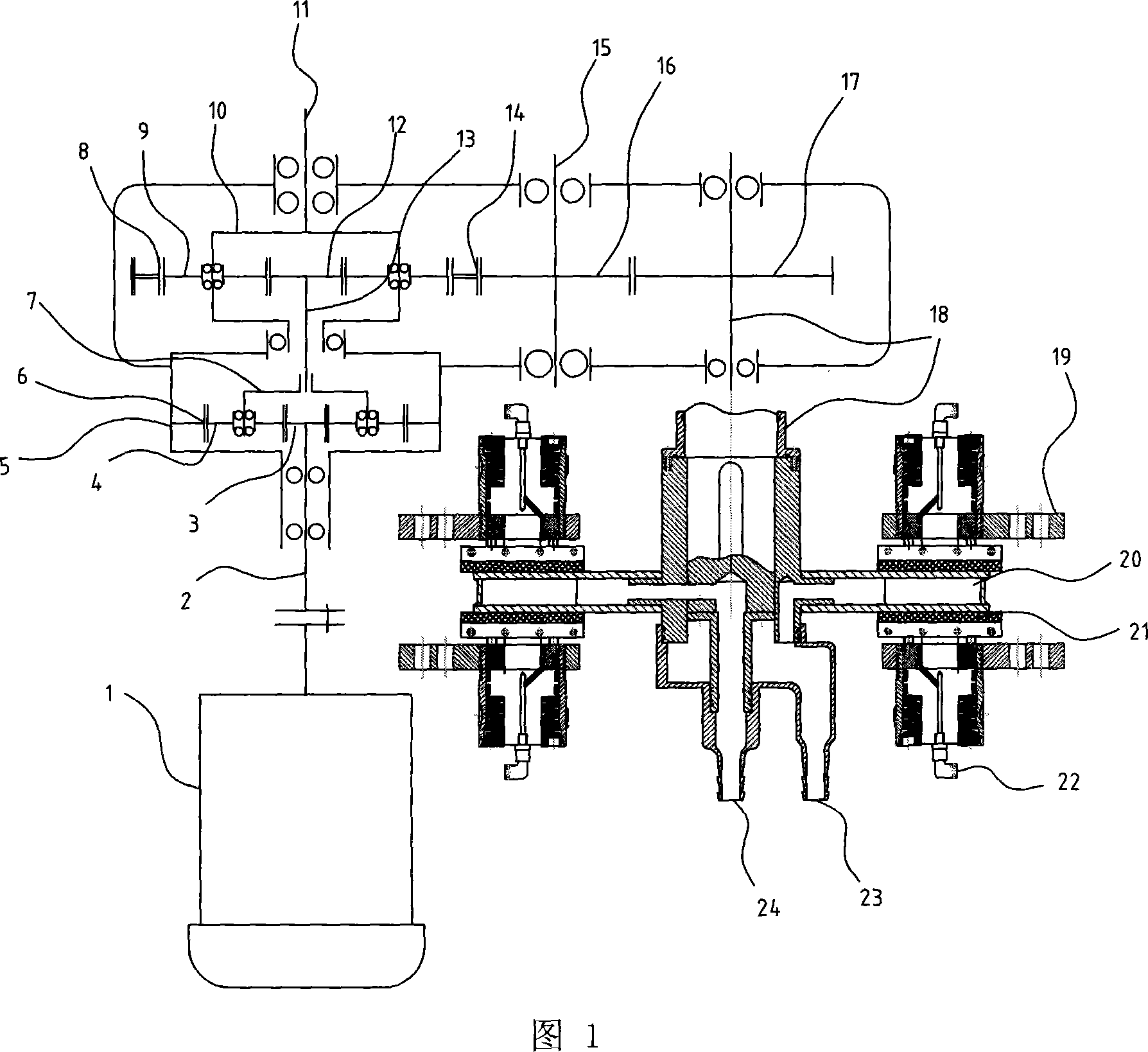 Soft starting hoisting gear for two stage planetary gear train transmission