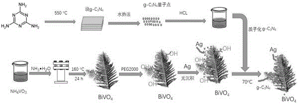 Preparation method of g-C3N4 quantum dot and Ag quantum dot sensitization BiVO4 photocatalyst