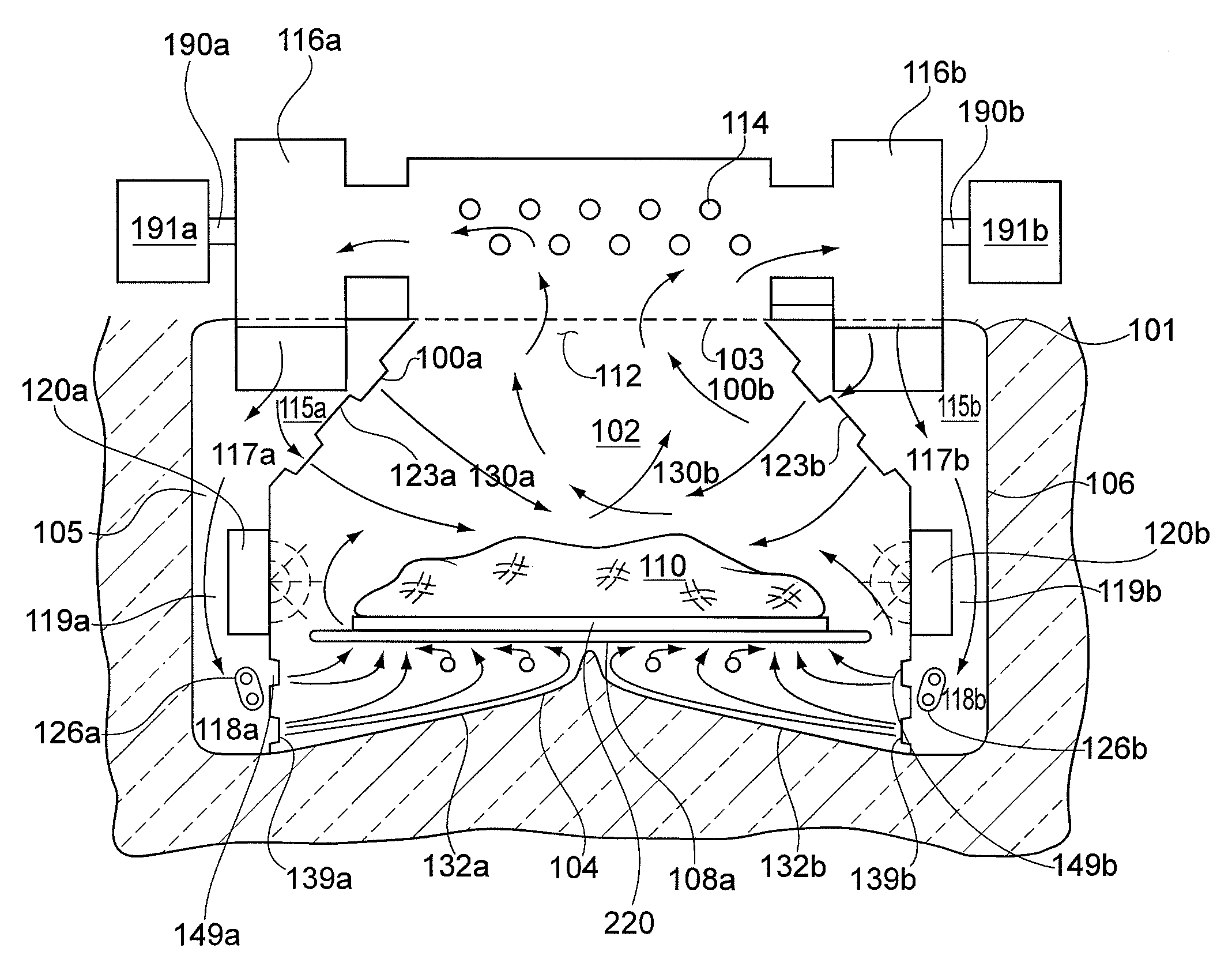 Speed cooking oven with sloped oven floor and reversing gas flow