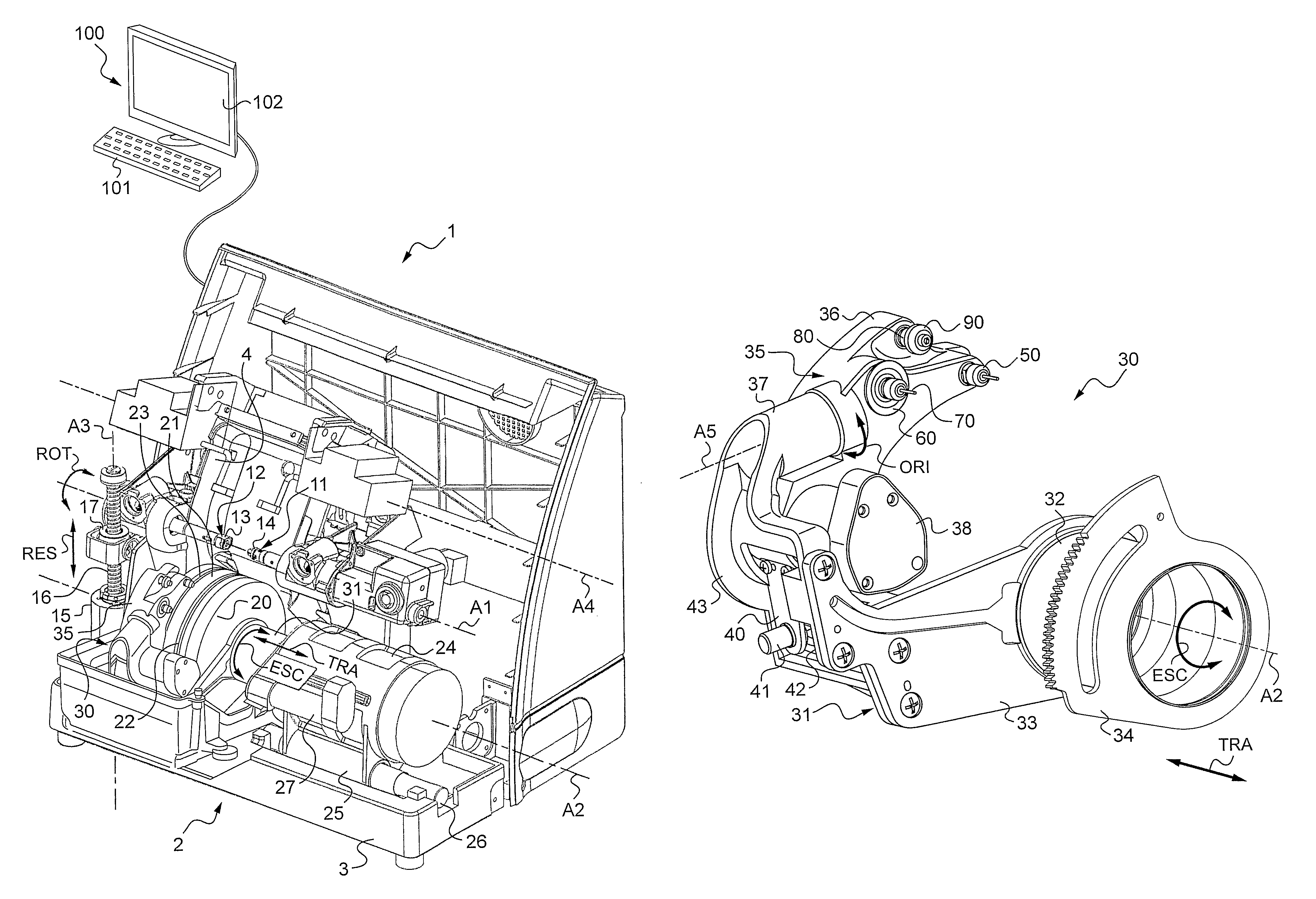 Device for machining ophthalmic lenses, the device having a plurality of machining tools placed on a swivel module