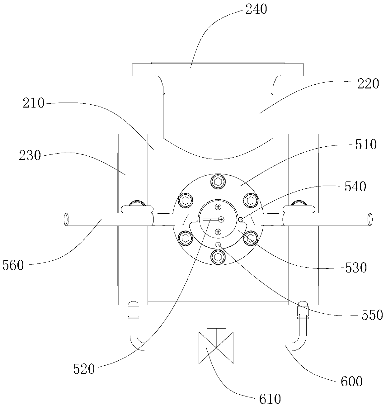 A pressure-difference-limiting six-way switching valve for conveying fluid