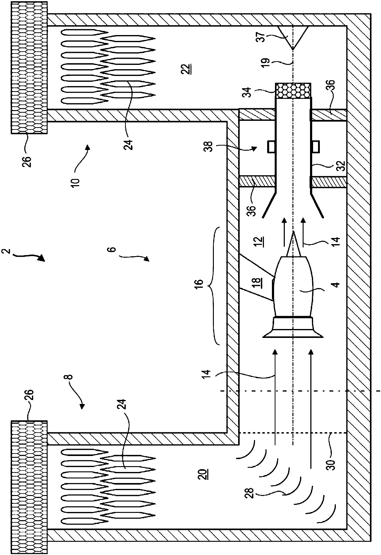 Turbomachine test bench with active noise control