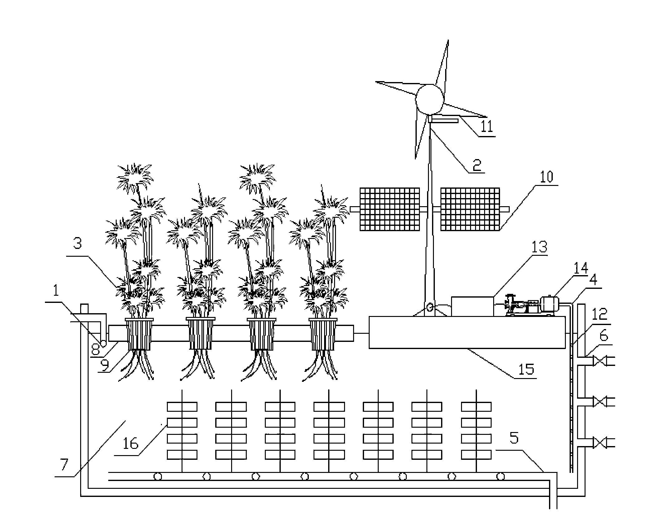 Wind-solar hybrid aeration sewage treatment system and application thereof