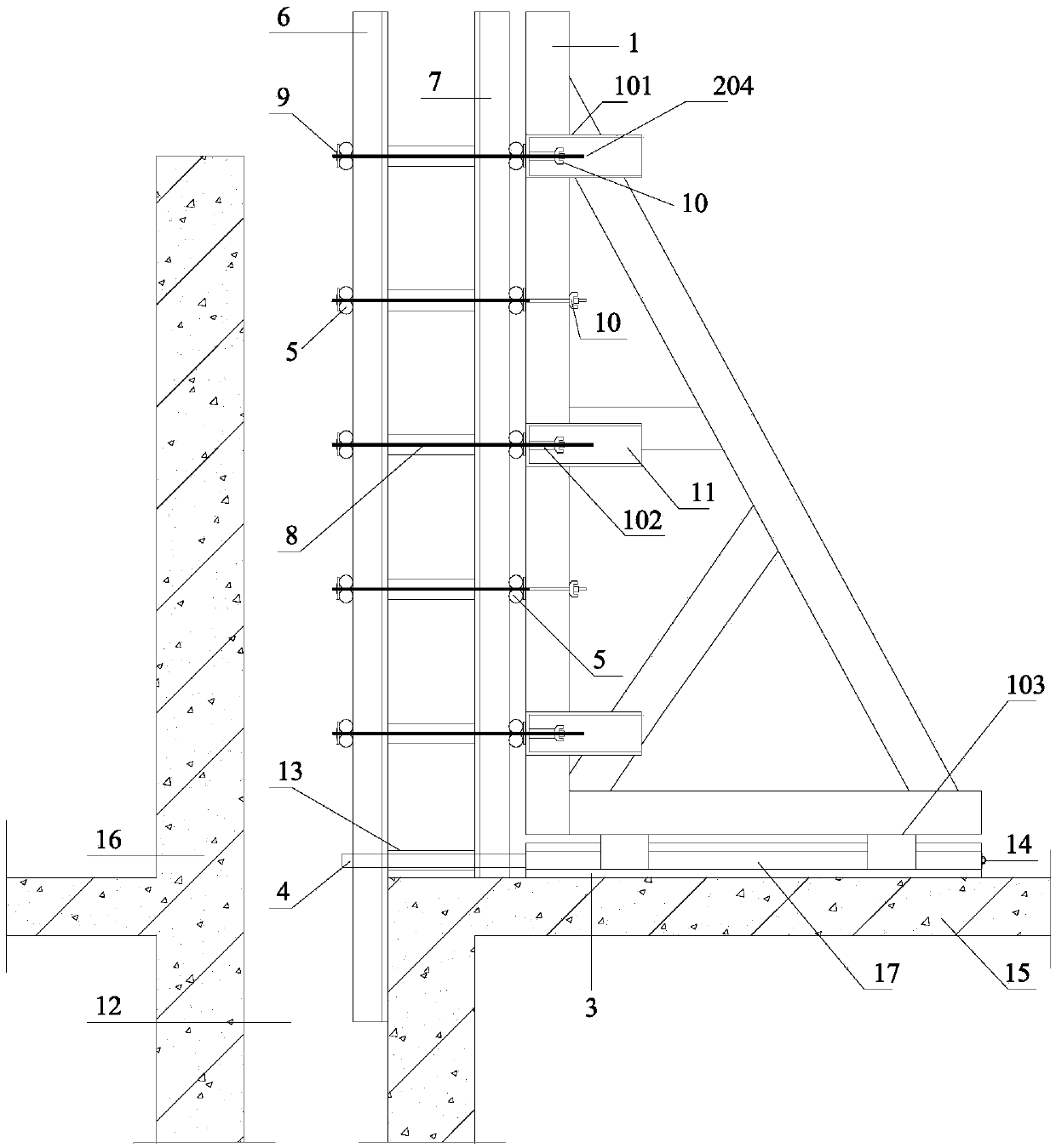 Deformation joint post-section shear wall sliding-pushing type installation and disassembling template erection system and construction method