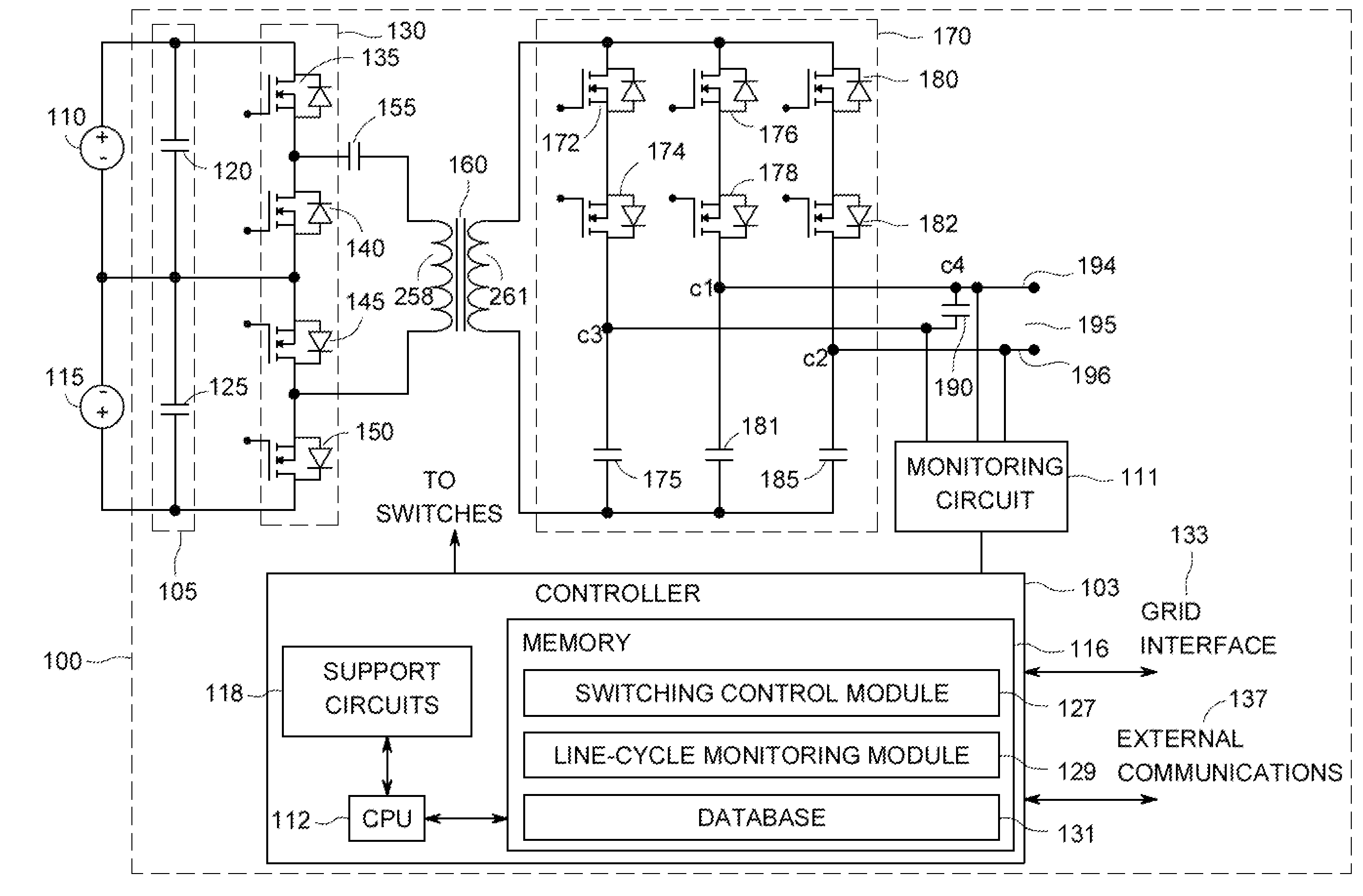 Single-phase cycloconverter with integrated line-cycle energy storage