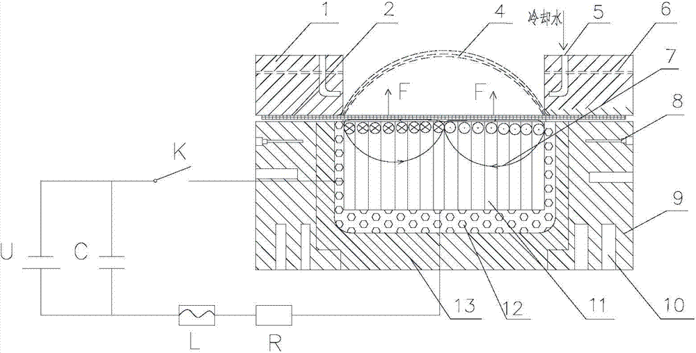 Magnetic impulse warm-hot dynamic drive forming device and forming method for titanium alloy plate