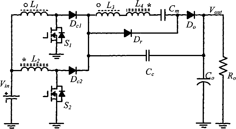 Boost type converter for realizing high-gain voltage multiplication by coupling inductors