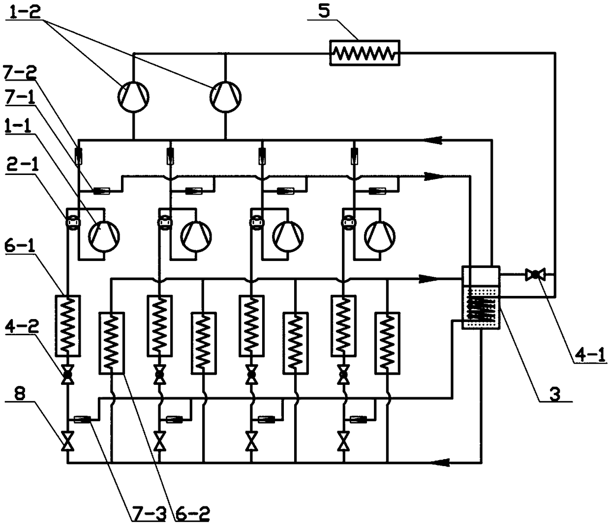 Primary throttling inter complete cooling refrigeration system with medium temperature evaporators