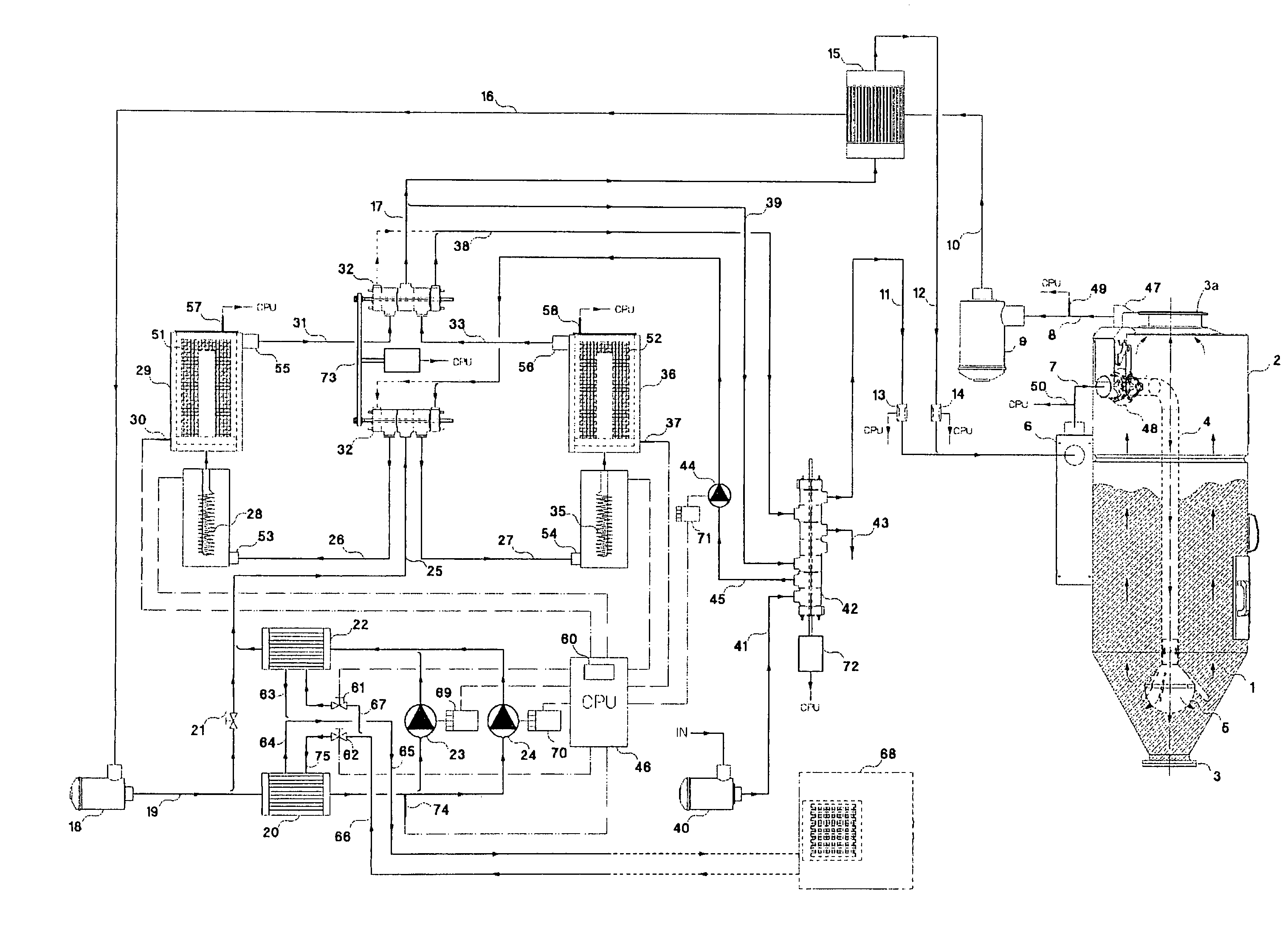 Variable flow rate dehumidification plant and process for granular materials