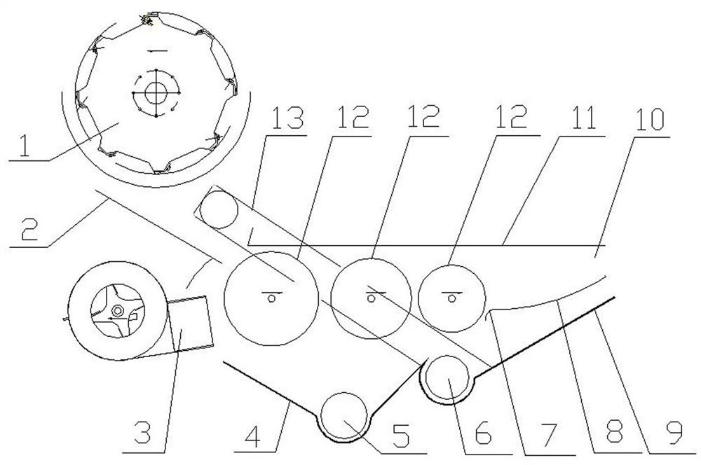 A curved grid plate re-cleaning type three-cylinder sieve oat cleaning device