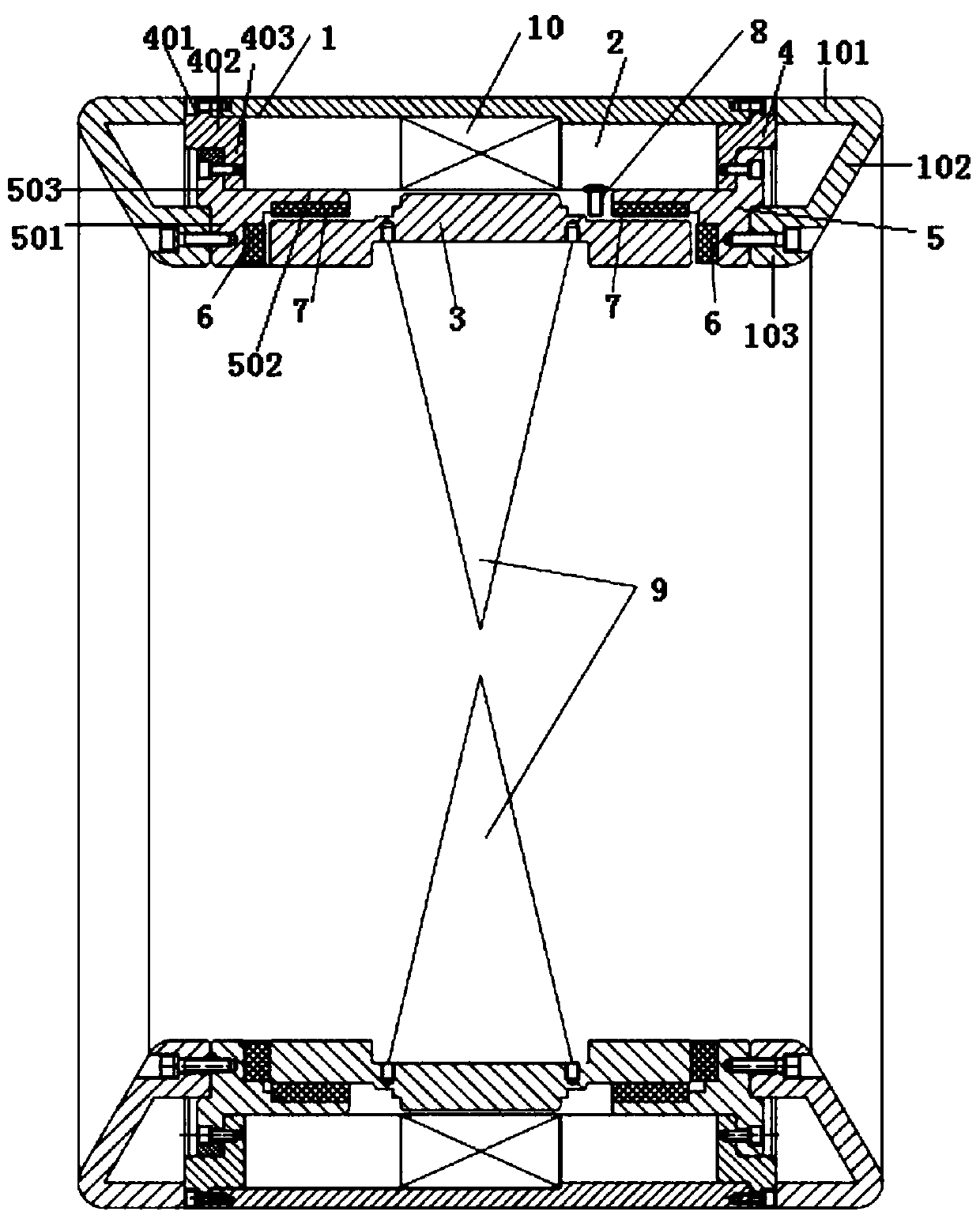 A magnetic bearing device applied to a shaftless propeller of a ship