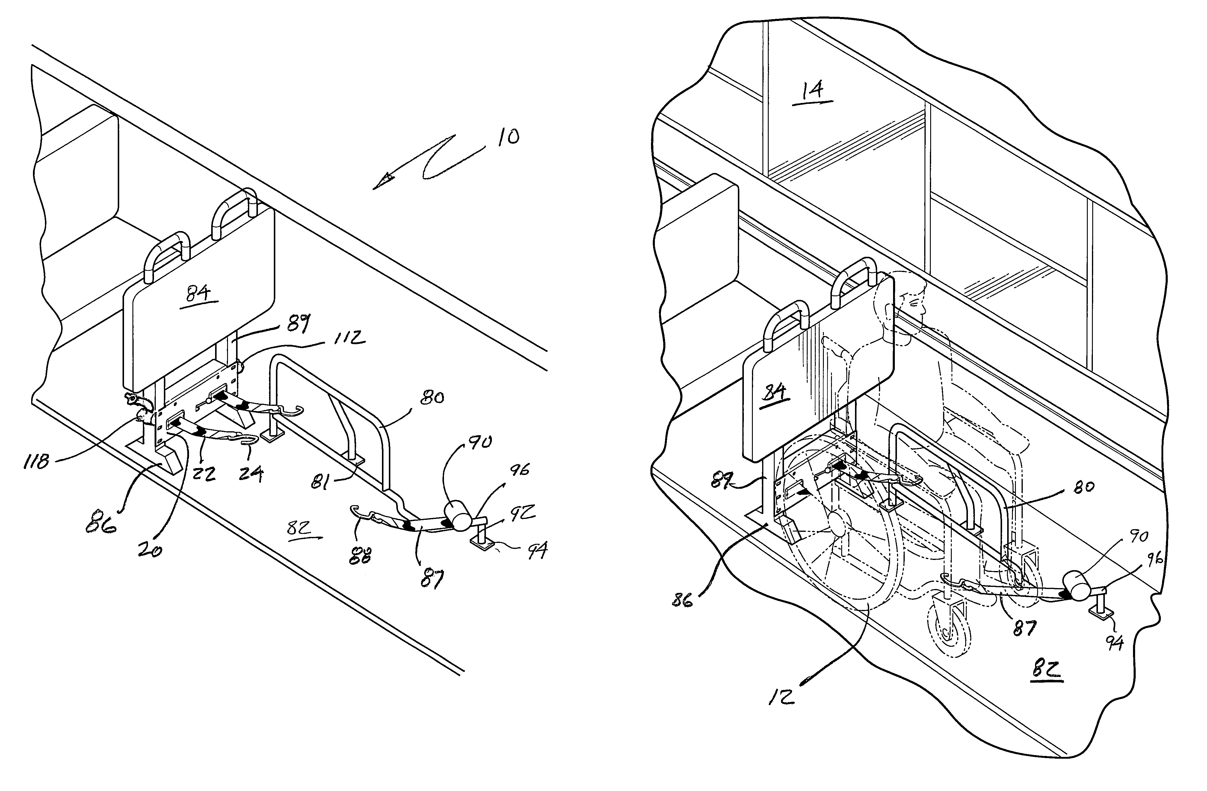 Compact wheelchair restraint system with housing and release