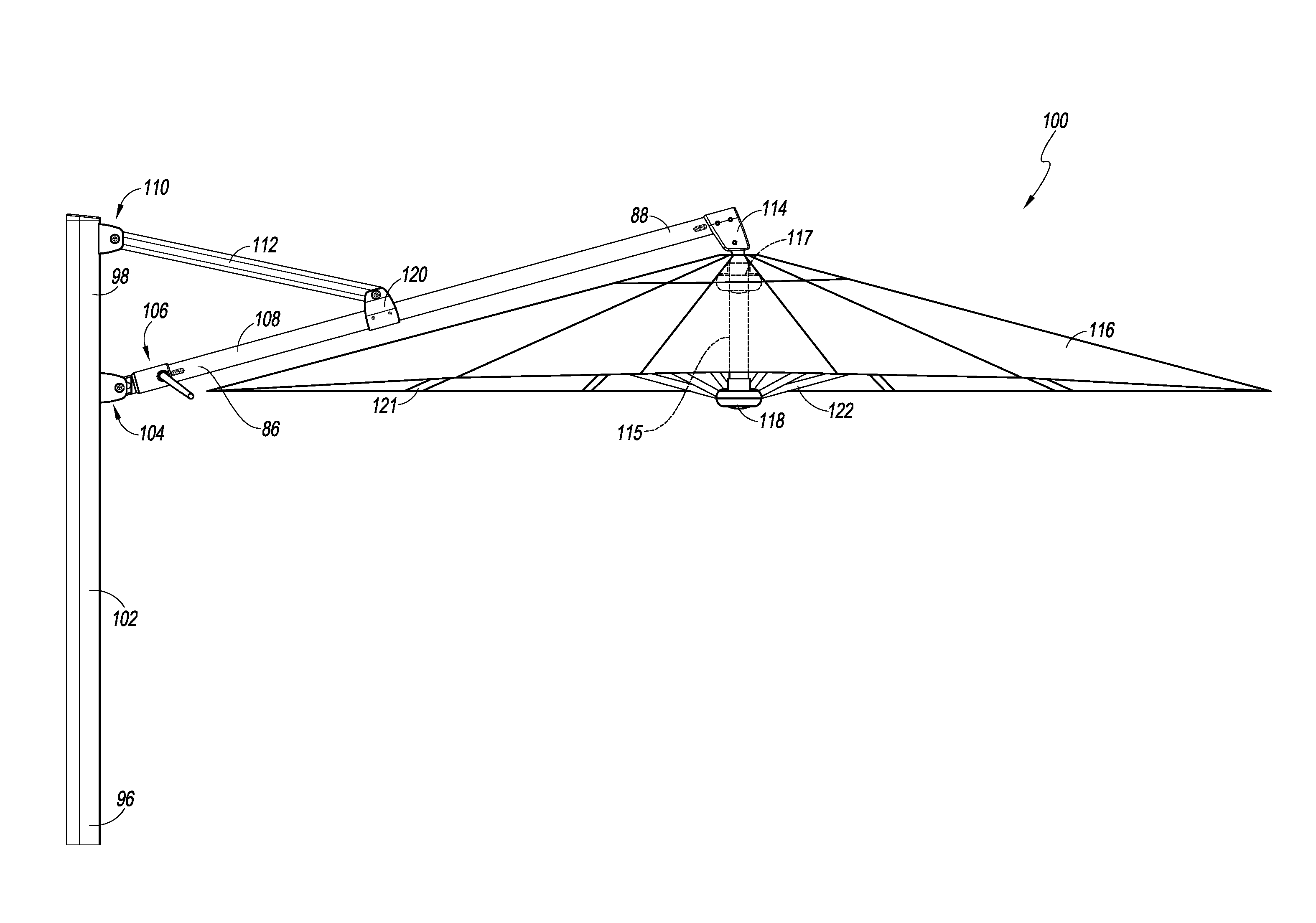 Cantilever umbrella with integrated control mechanisms