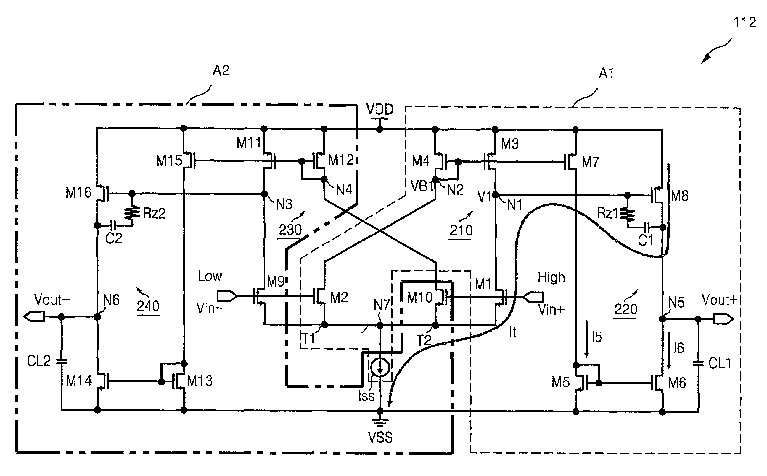 Fully differential class AB amplifier and amplifying method using single-ended, two-stage amplifier