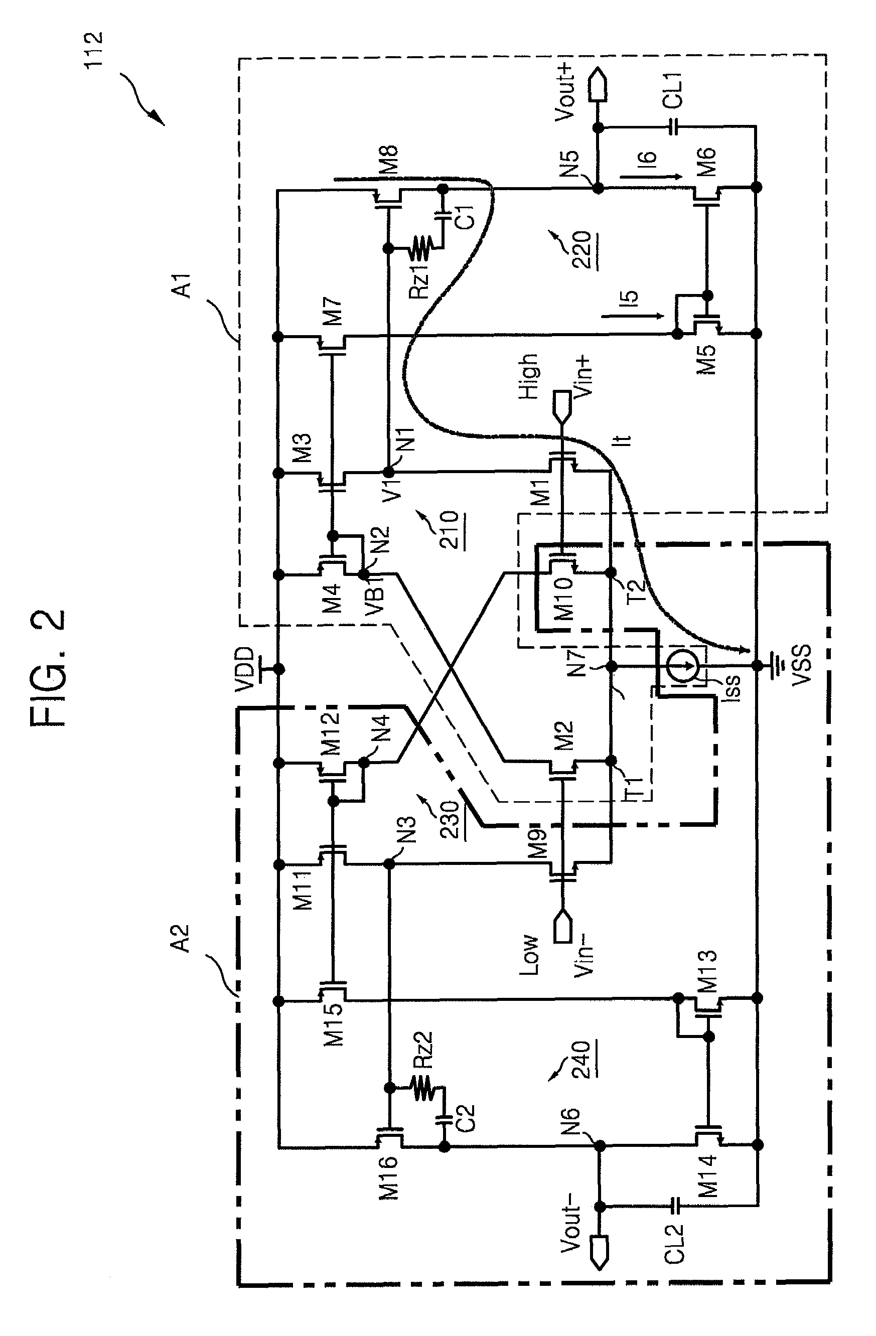 Fully differential class AB amplifier and amplifying method using single-ended, two-stage amplifier