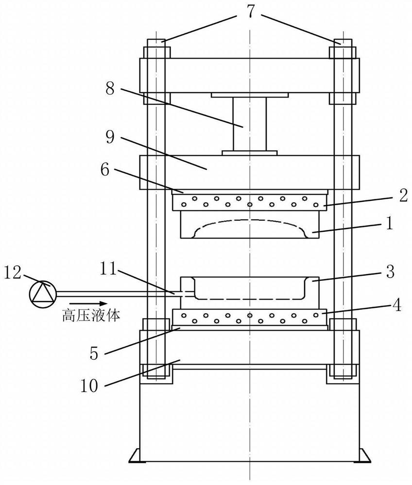 Vacuum-assisted fiber-reinforced metal laminate flexible medium hydroforming method and device