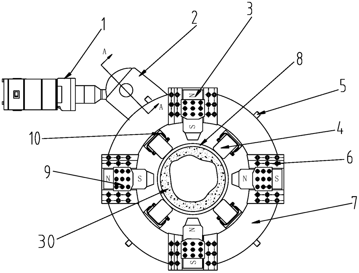 Self guiding bent pipe inner surface magnetic abrasive finishing device and method