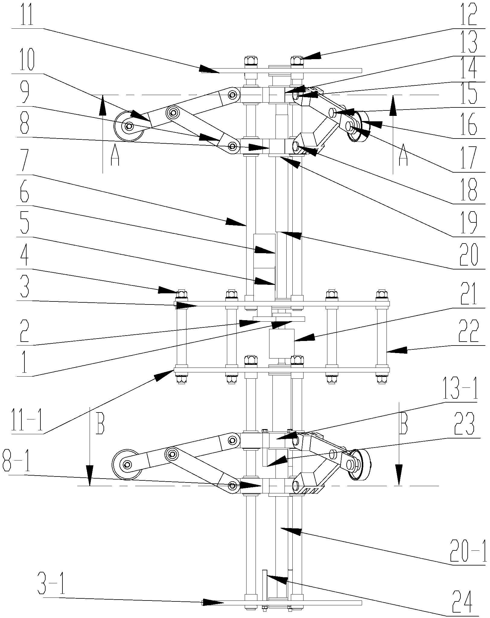 Pipeline inner wall supporting device of limiting double-layer self-adaptive three-point umbrella type