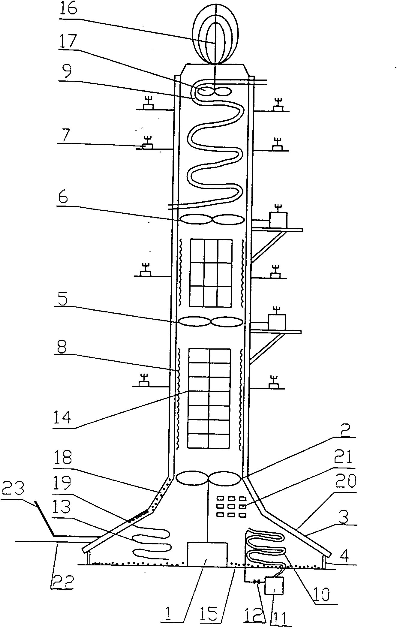 High-light-concentration solar-energy and hot-airflow wind/solar coupled generating system