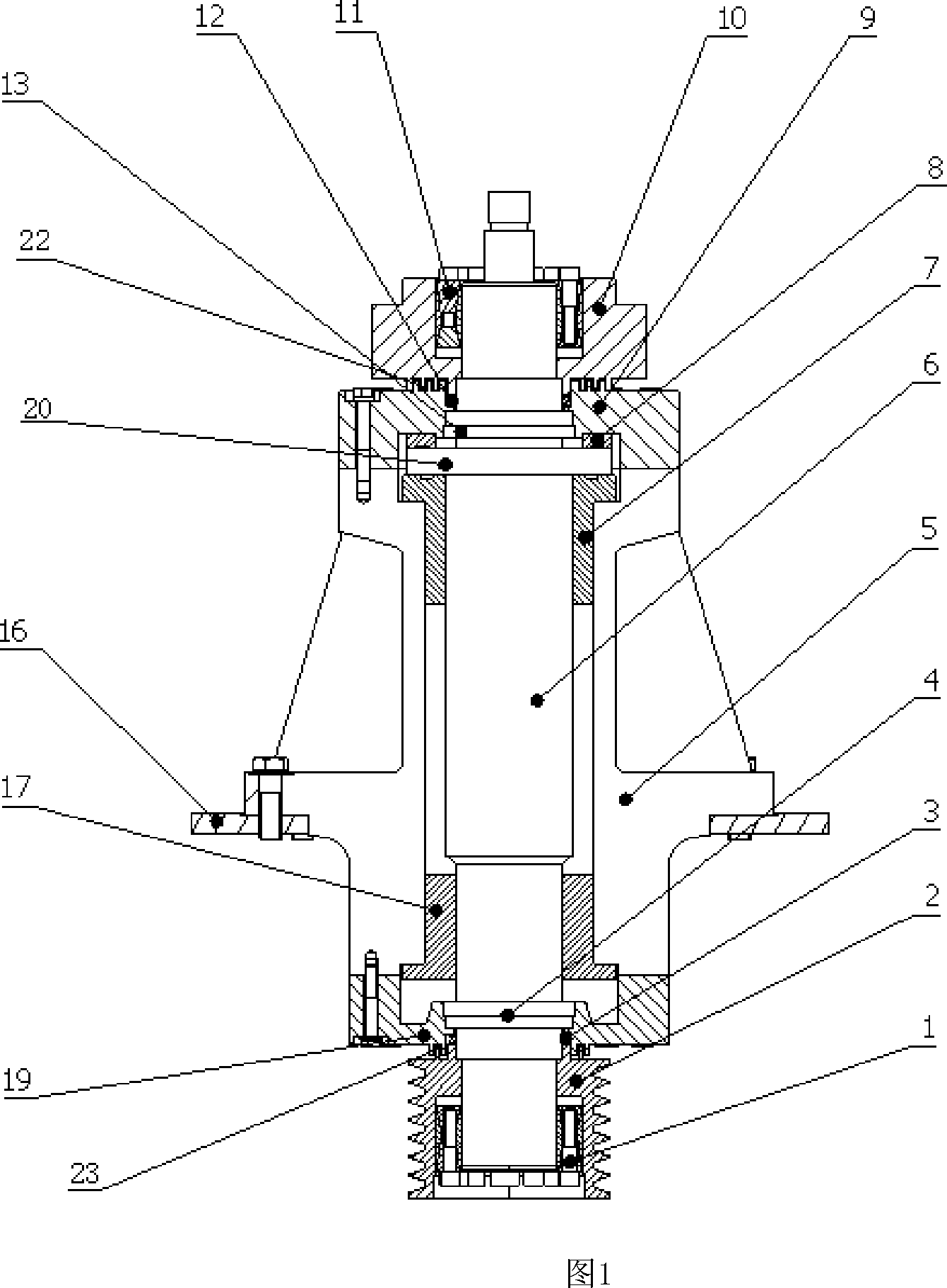 Vertical shaft support system of vertical shaft type impact crusher, and vertical shaft support device