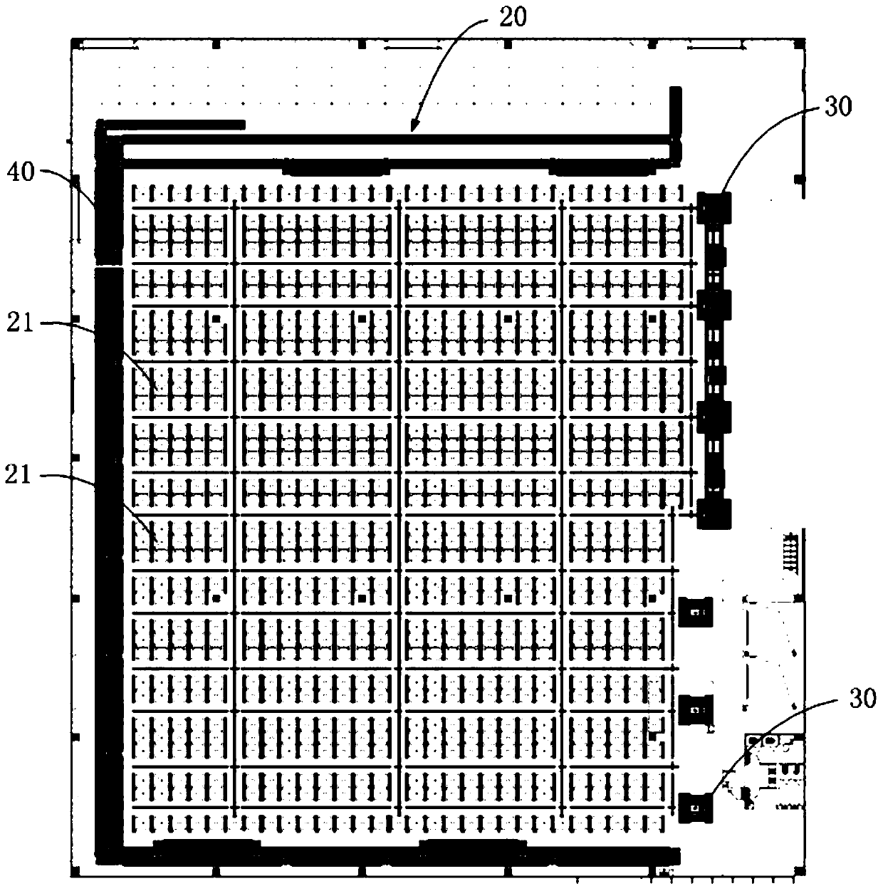 Warehouse, sorting system with warehouse, sorting method and sorting device