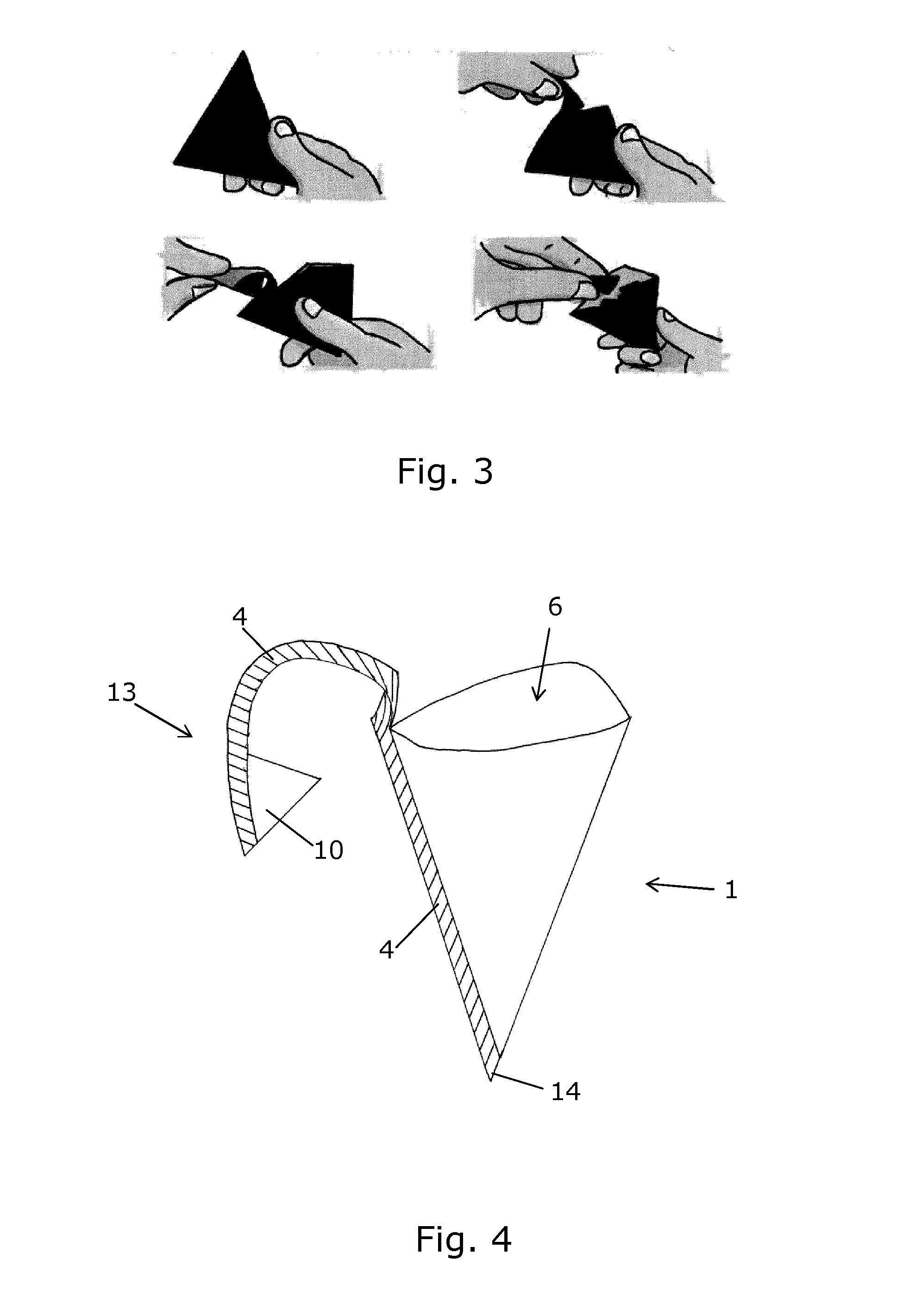 Flexible sachet having a triangular shape