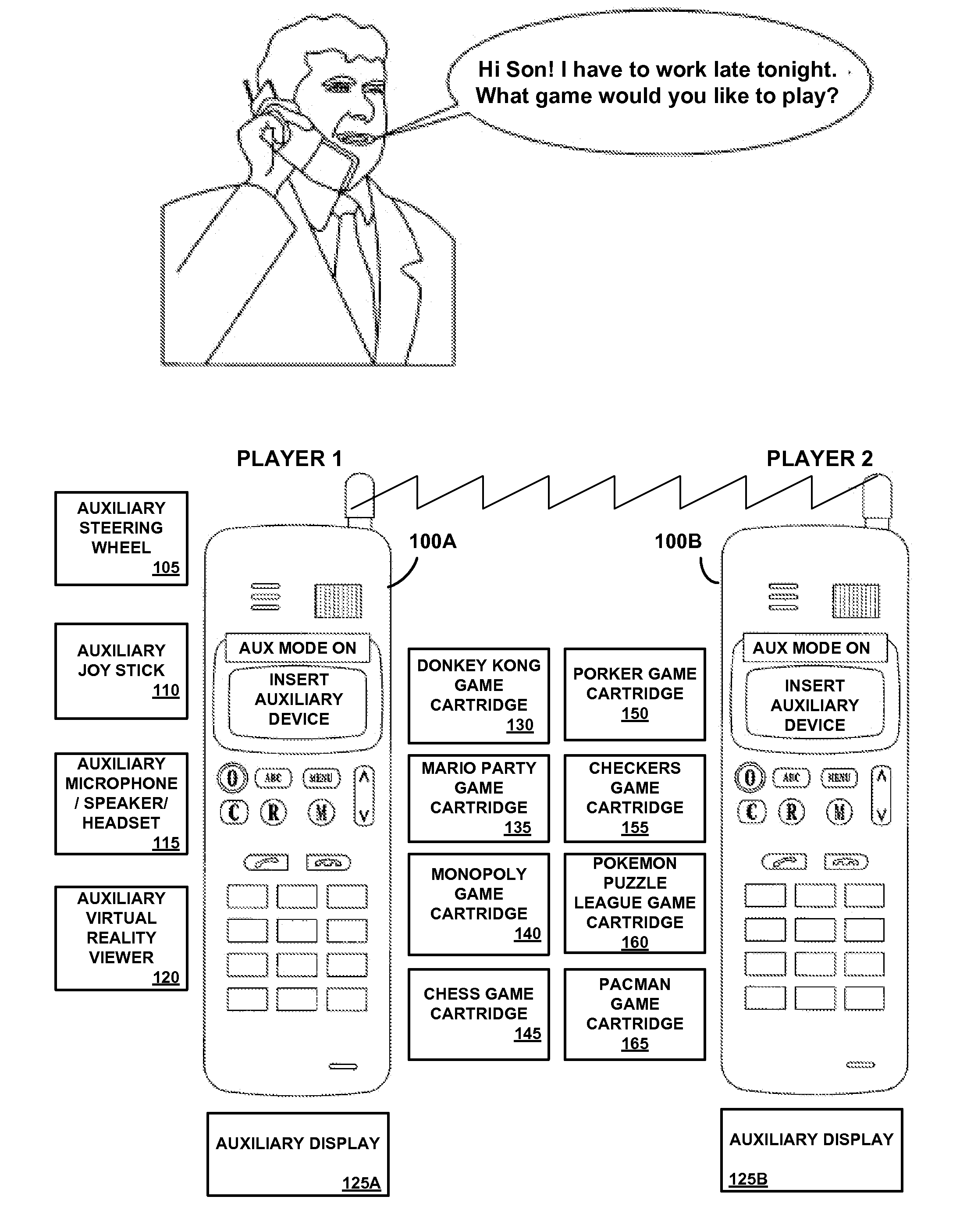 Method and apparatus using insertably-removable auxiliary devices to play games over a communications link