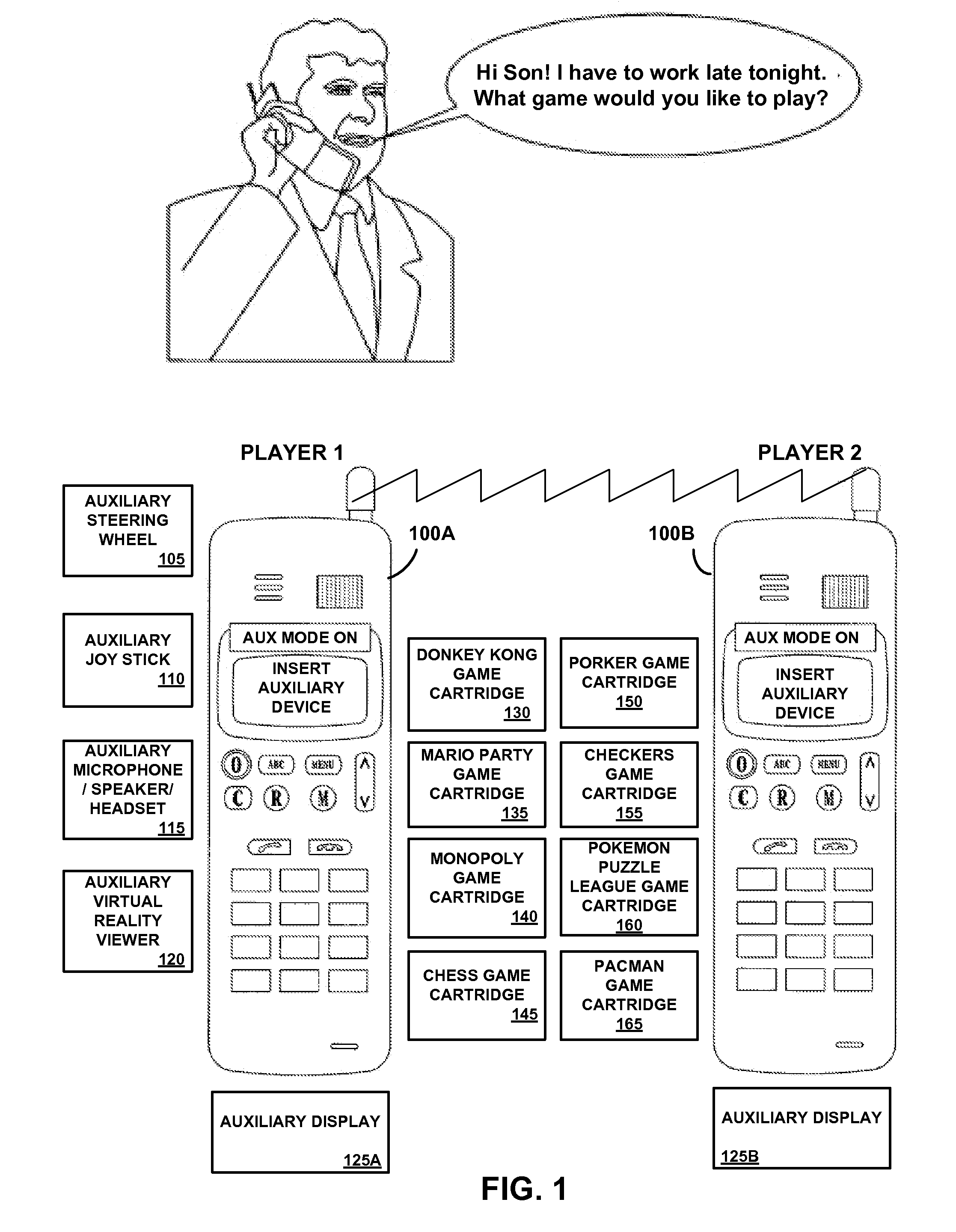 Method and apparatus using insertably-removable auxiliary devices to play games over a communications link