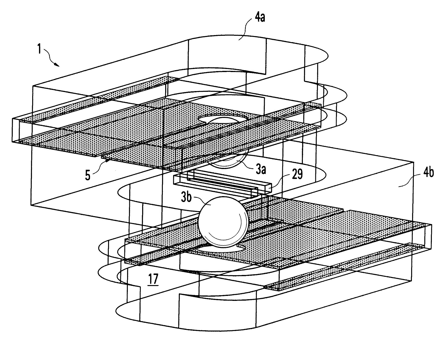 Ferrite filter comprising aperture-coupled fin lines