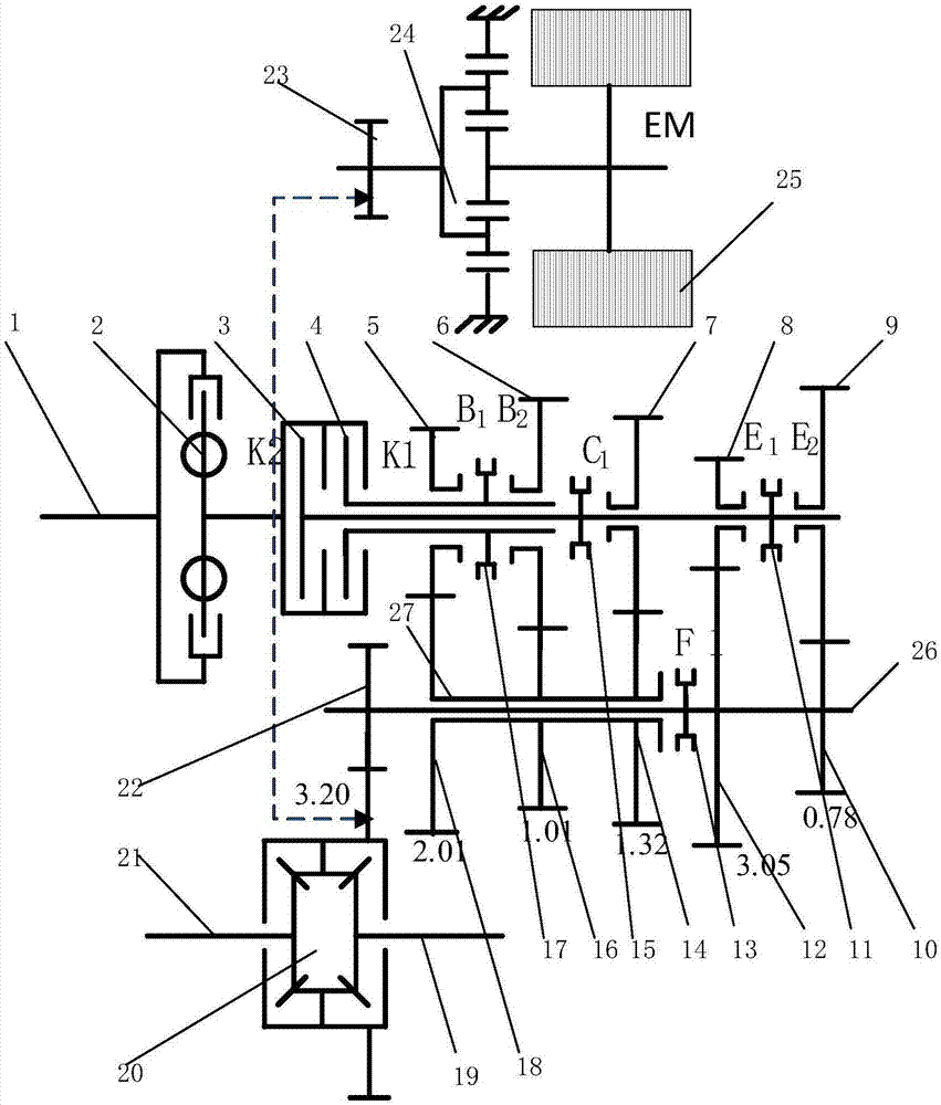 Seven-speed double-clutch hybrid power transmission device