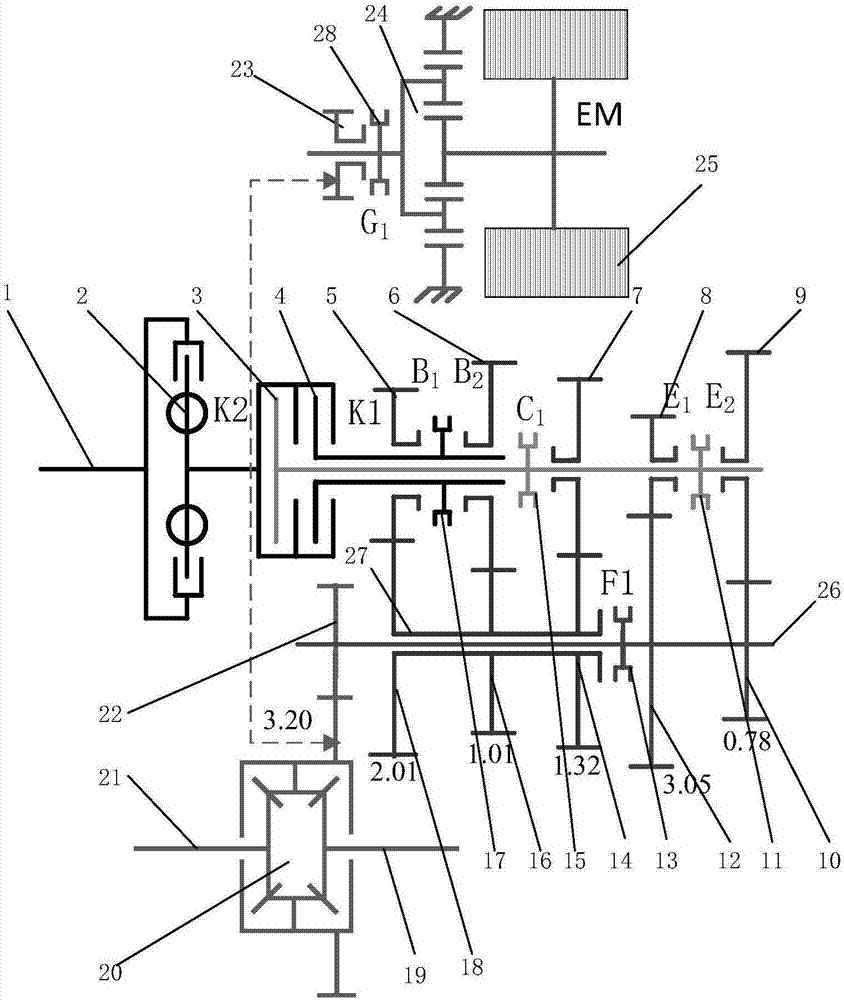 Seven-speed double-clutch hybrid power transmission device