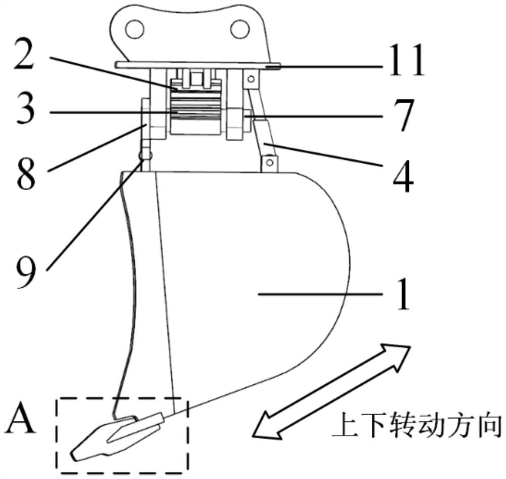 Excavator bucket capable of swinging through gear drive and hydraulically enhancing digging force