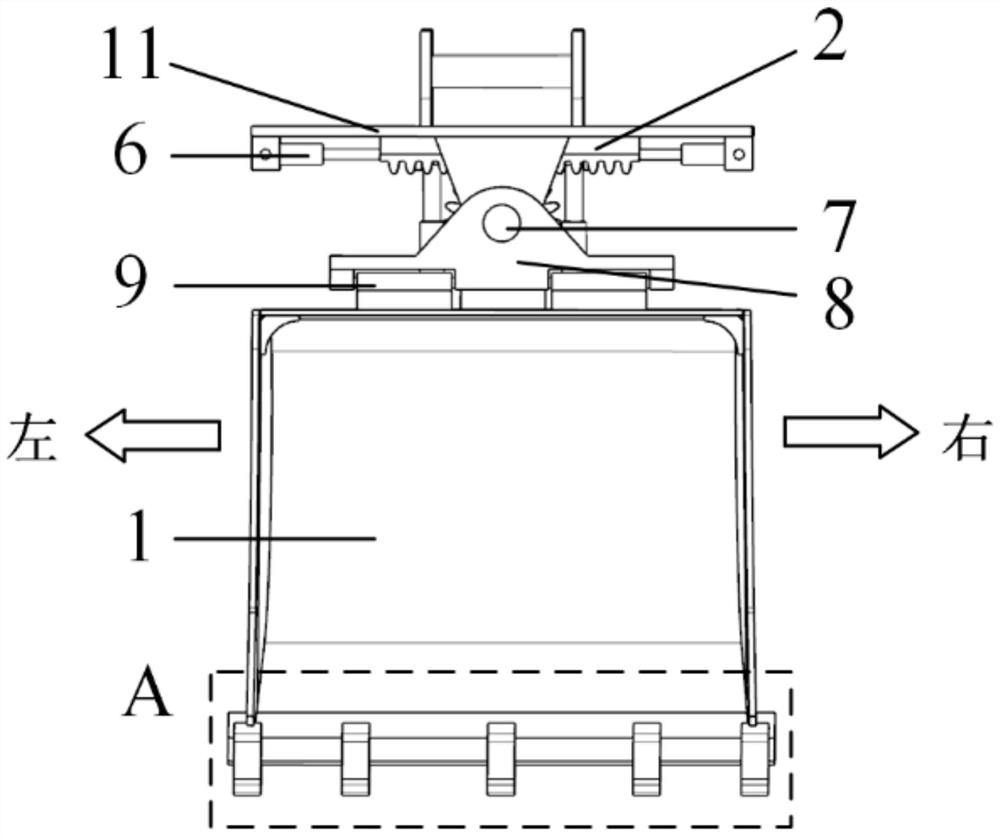 Excavator bucket capable of swinging through gear drive and hydraulically enhancing digging force