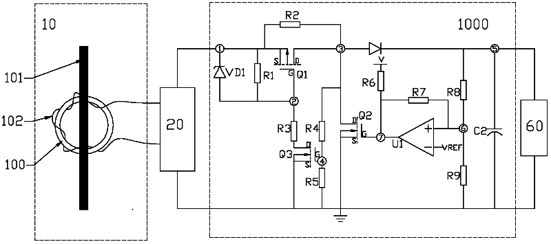 Current conduction mode switching regulation voltage limiting circuit for current source power supply system of circuit breaker