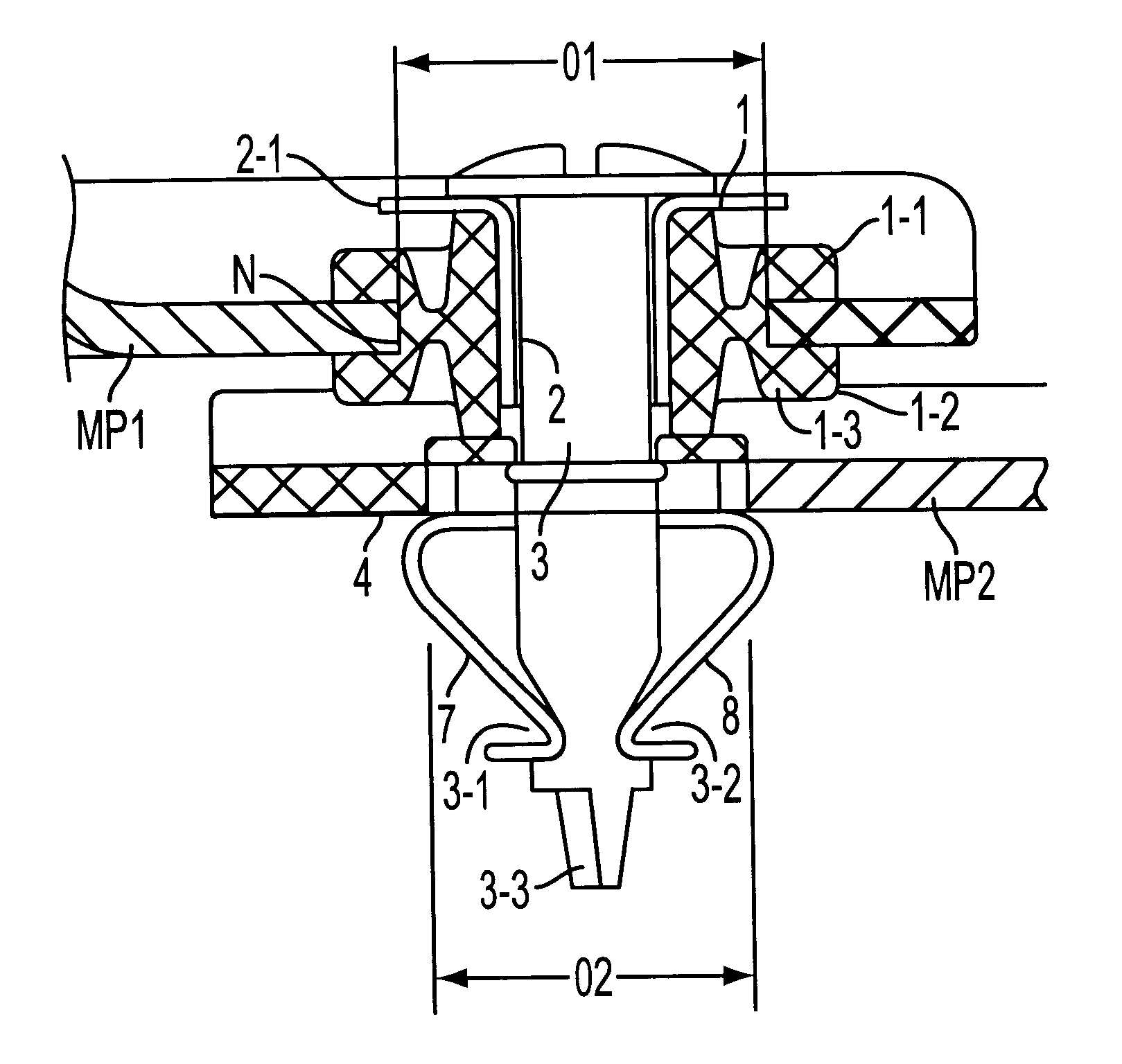 Vibration-damping detachable connection arrangement for two components with a rotating bolt, a retaining spring and a vibration-damping ring