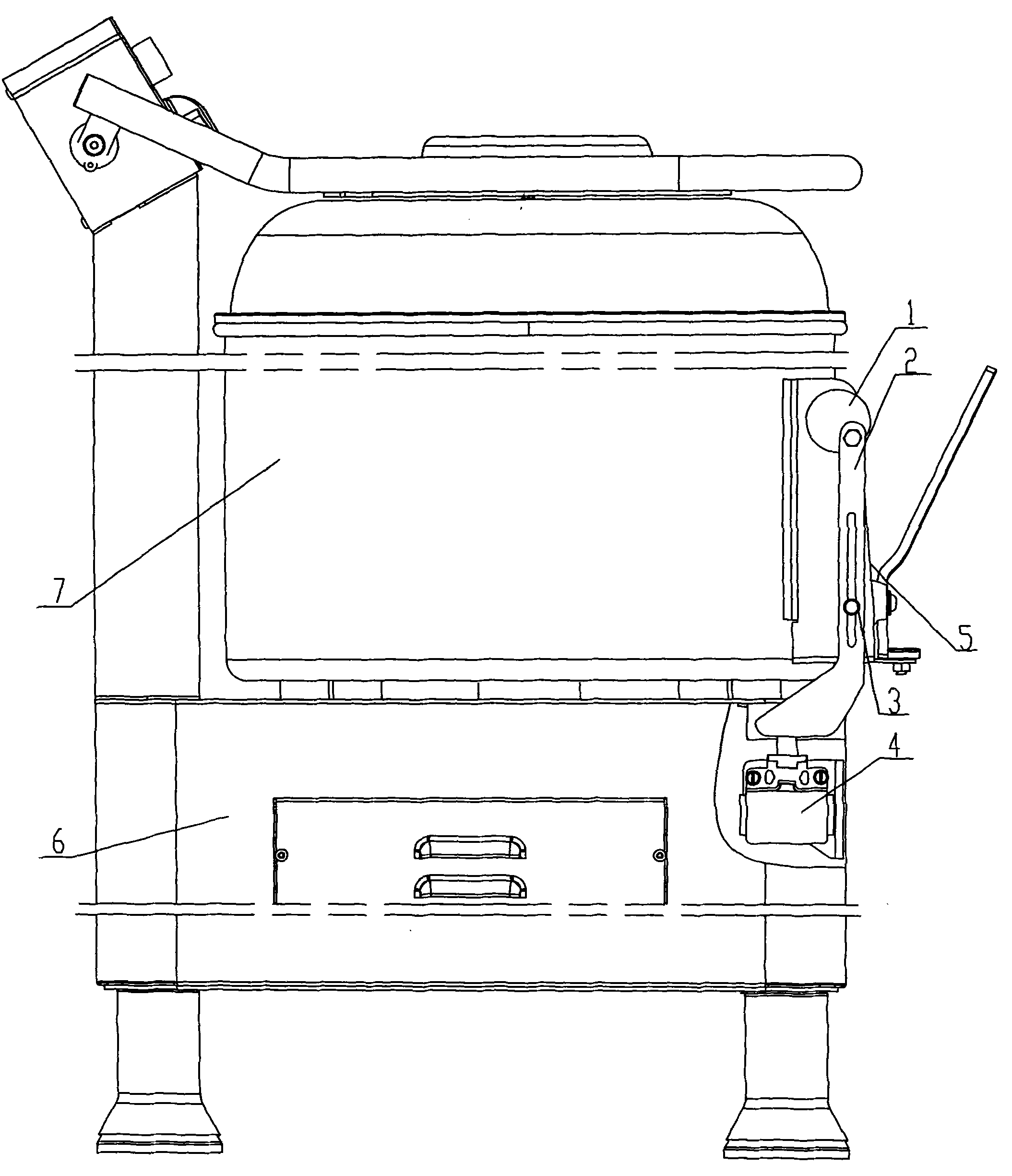 Discharge opening link gear of potato peeling machine