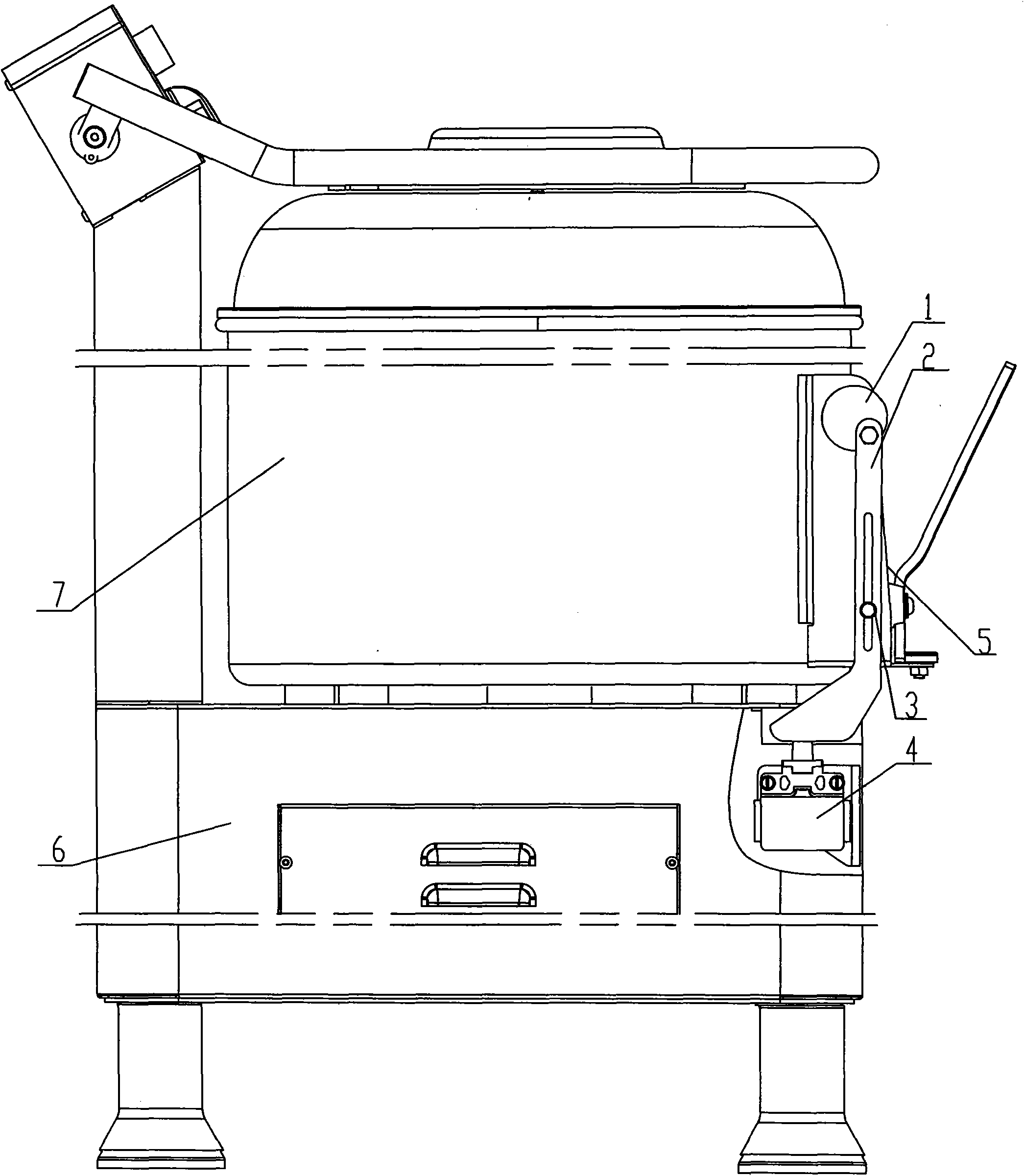 Discharge opening link gear of potato peeling machine