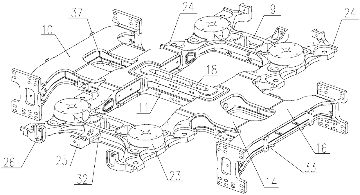 Low-floor articulated rail vehicle bogie frames and bogies