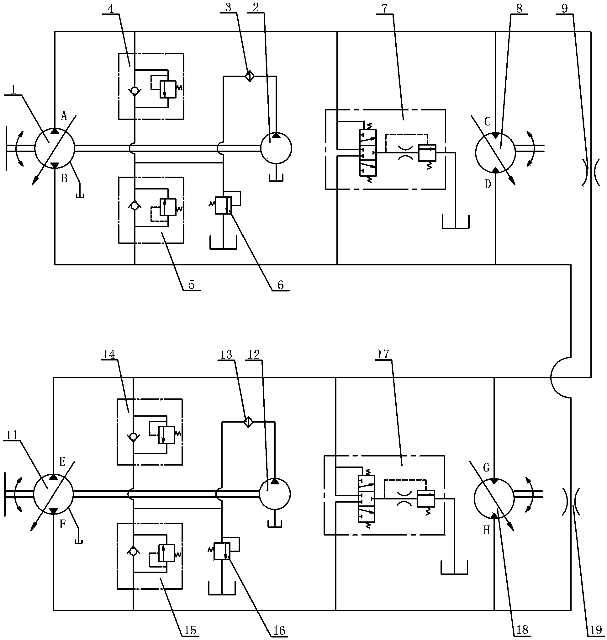 Double-pump and double-motor closed type hydraulic system for travelling mechanism of land leveler