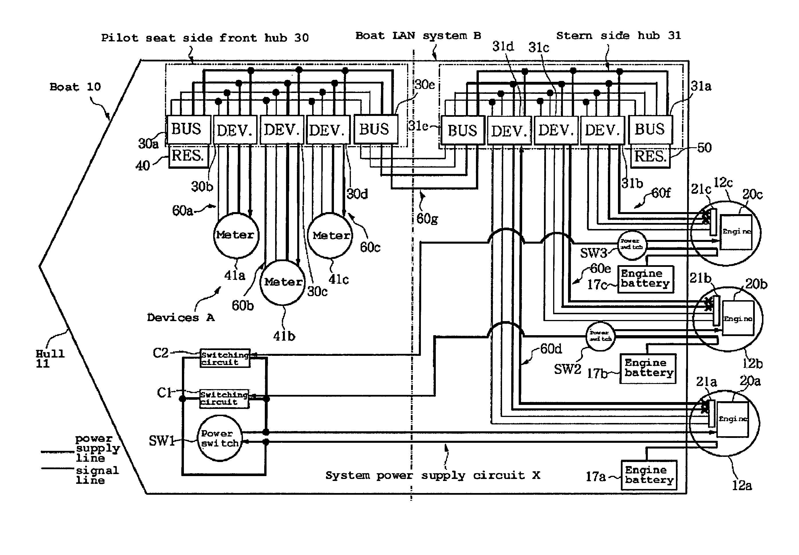 Power supply system for boat LAN system coping with plural engines