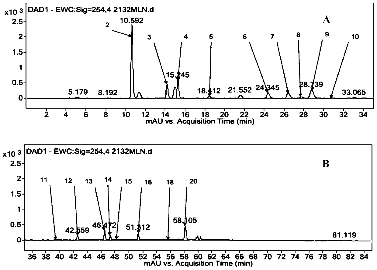 Analysis method for researching fingerprint spectrum of Mailuoning injection based on UPLC-DAD-MS