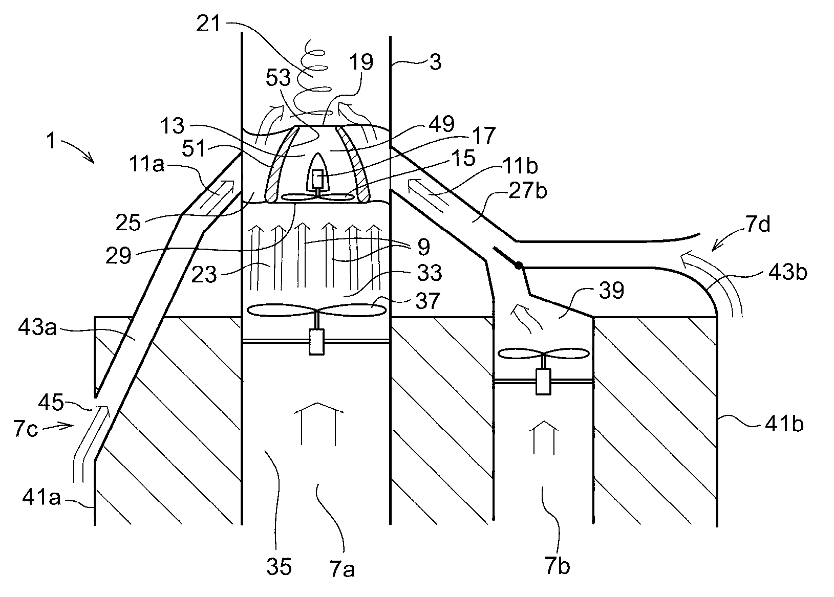 A device, a system installation and a method for generating power from a gas stream