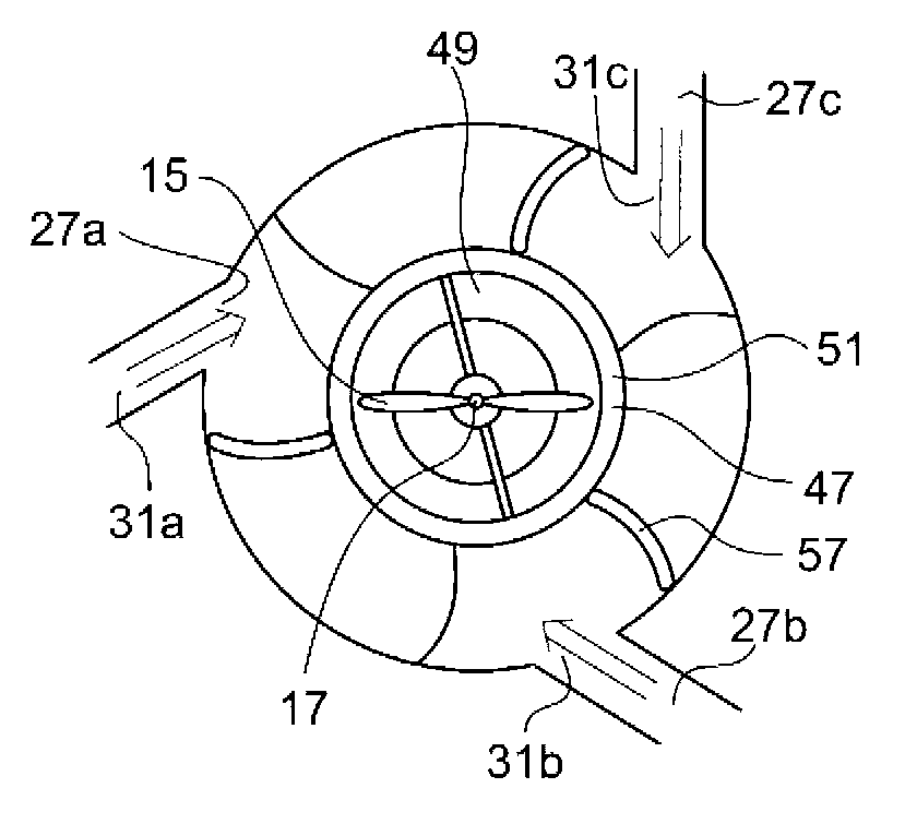 A device, a system installation and a method for generating power from a gas stream