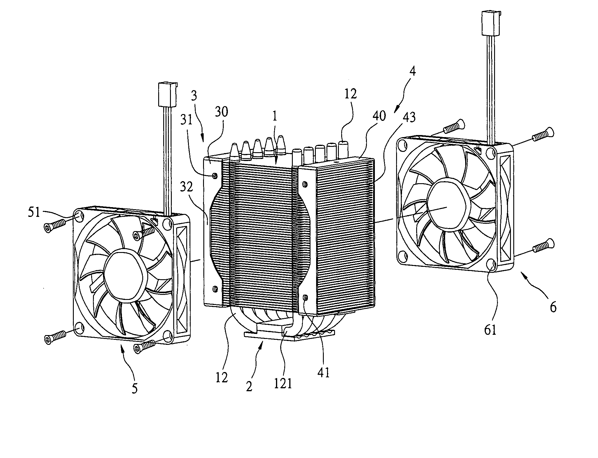 Heat dissipation module with a pair of fans