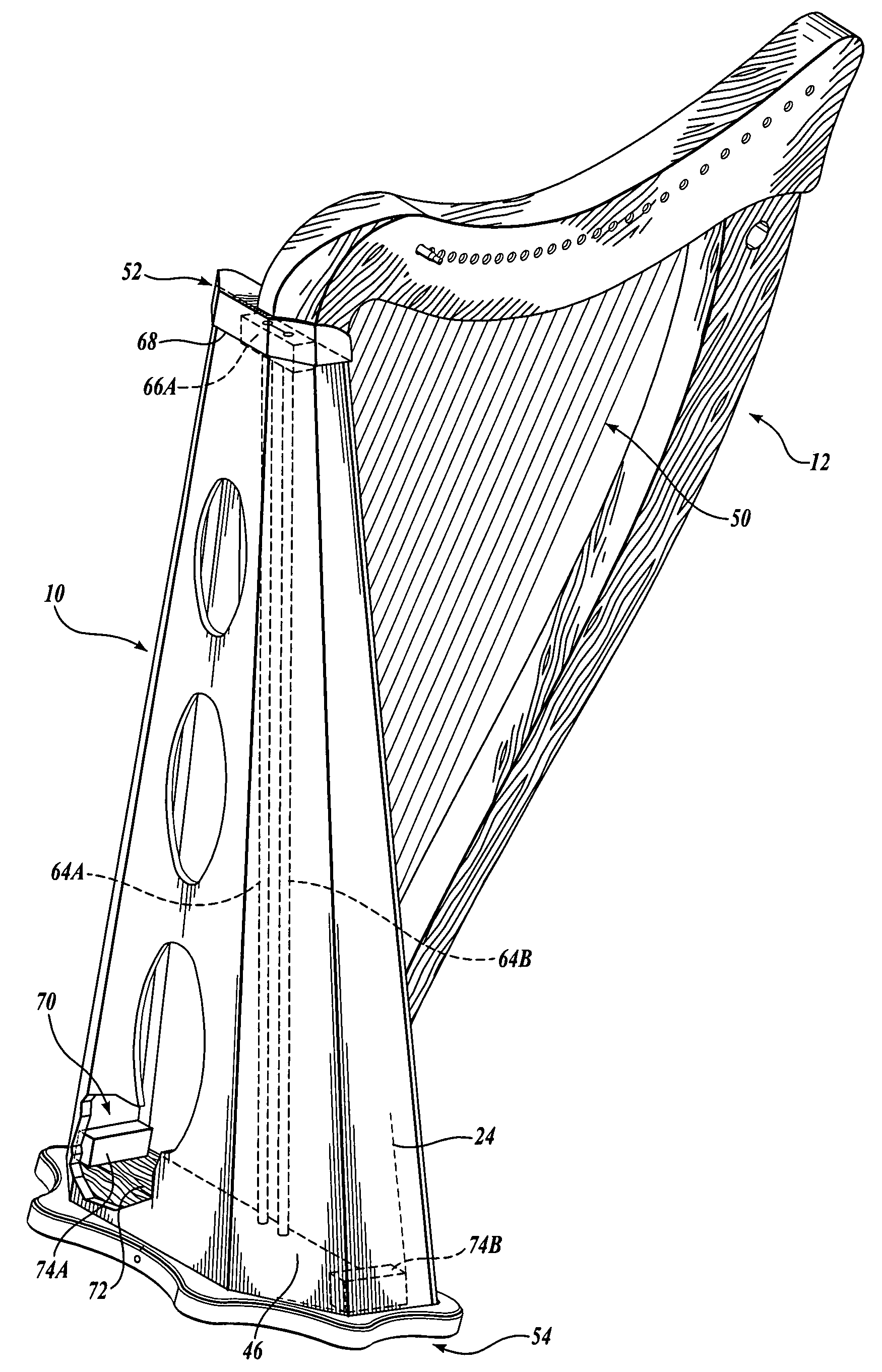 Harp sound box construction and method