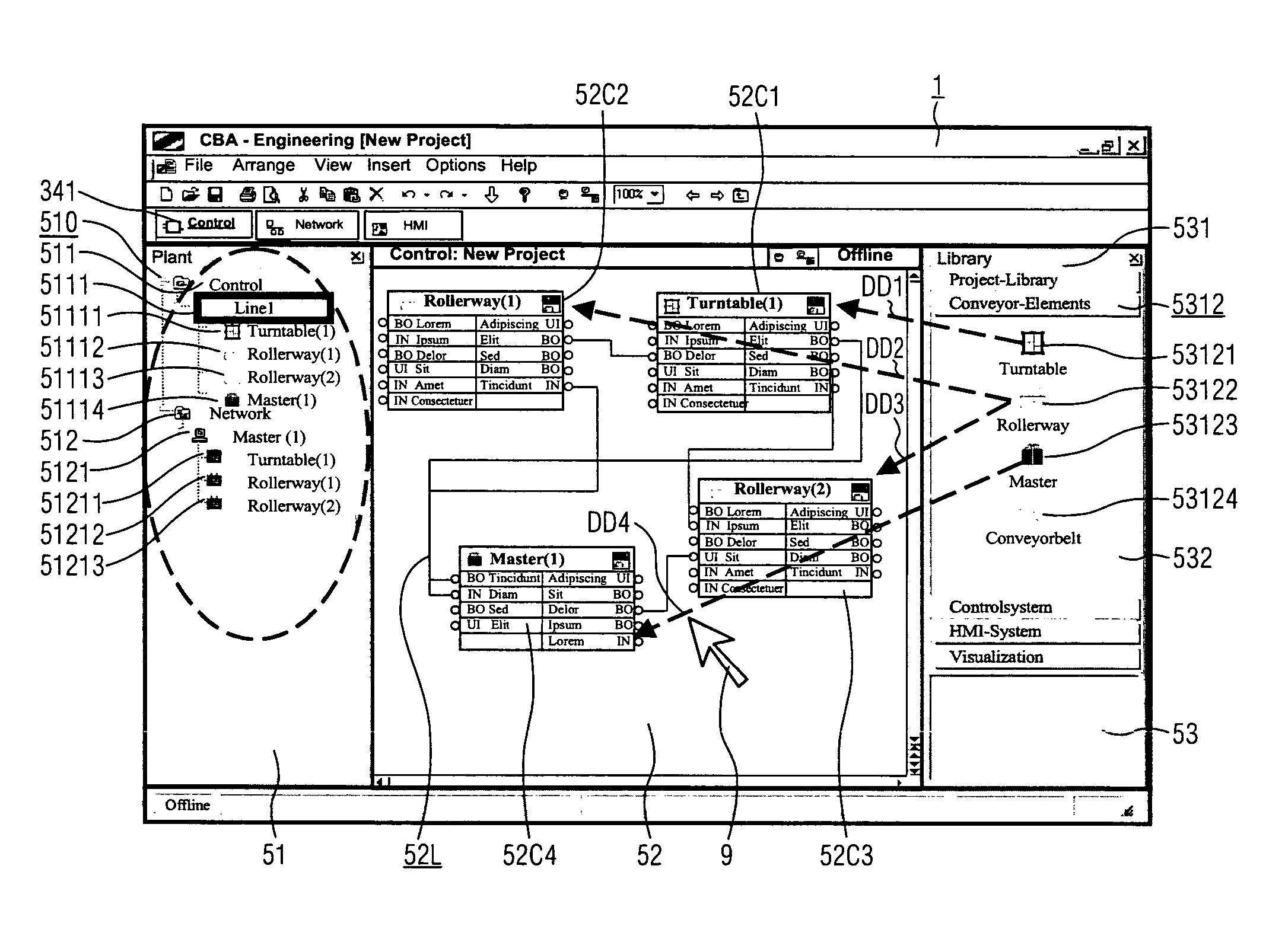 Method for the graphic planning of the control of a technical installation with integrated planning of operating devices including a planning system and a computer program product