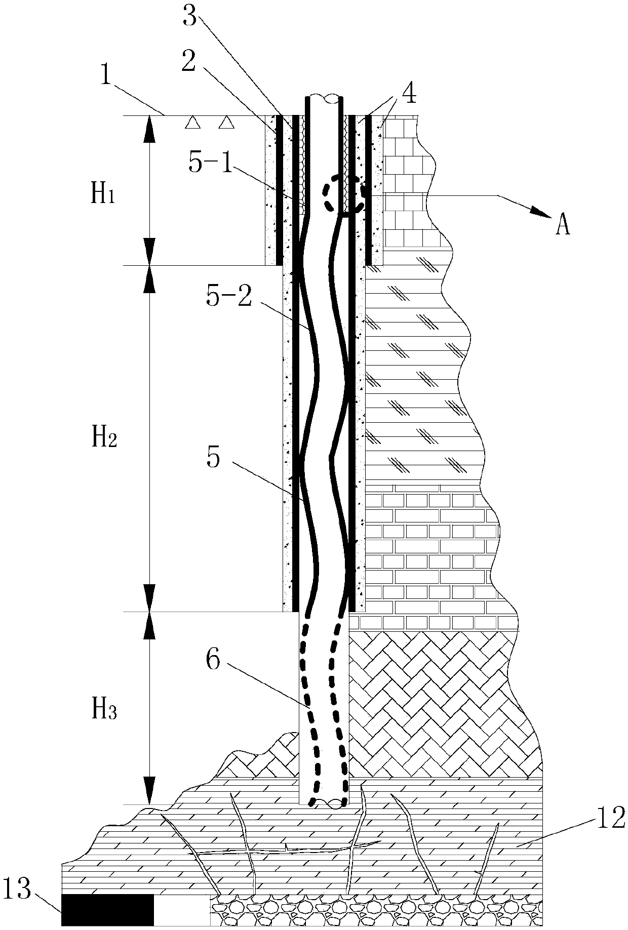 Ground gas extraction well drillingwell bore structure provided with flexible production casing pipe