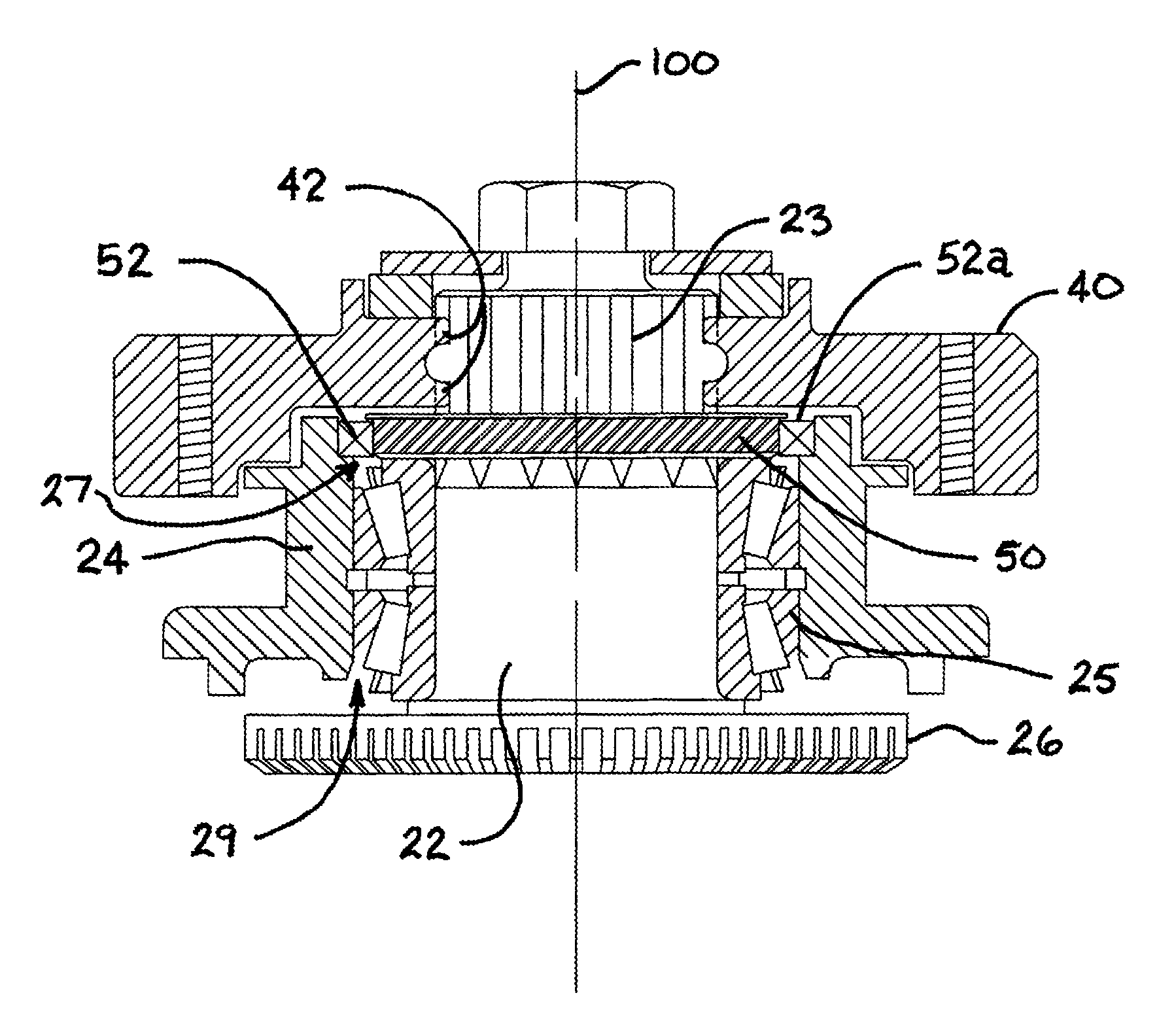 Seal hub for protection of seal and bearing from metal fragments due to shearing of a shock device