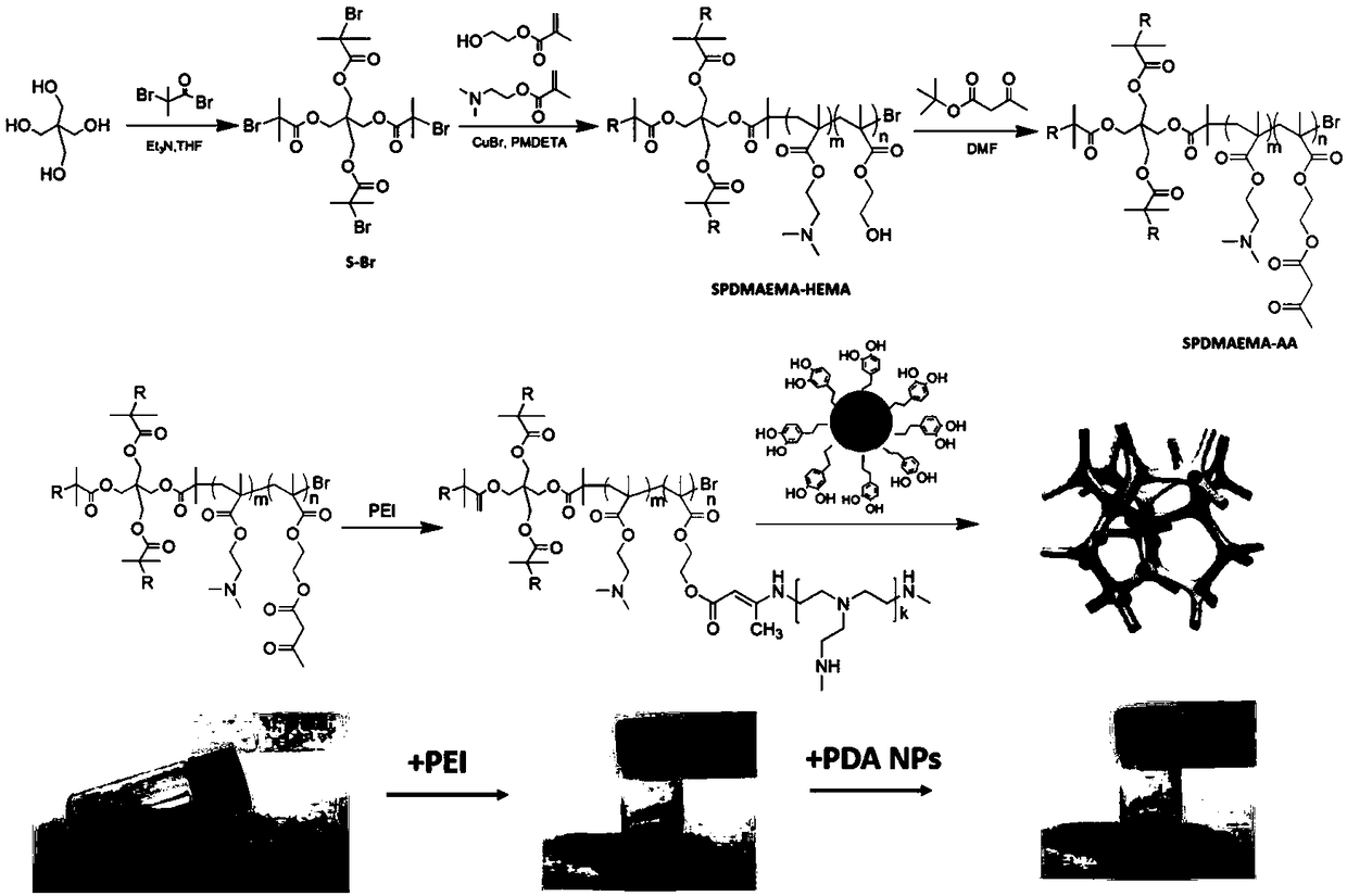 Polydopamine particles-doped star-shaped polymer of multi-responsive self-healing hydrogel, and self-healing hydrogel and preparation method thereof